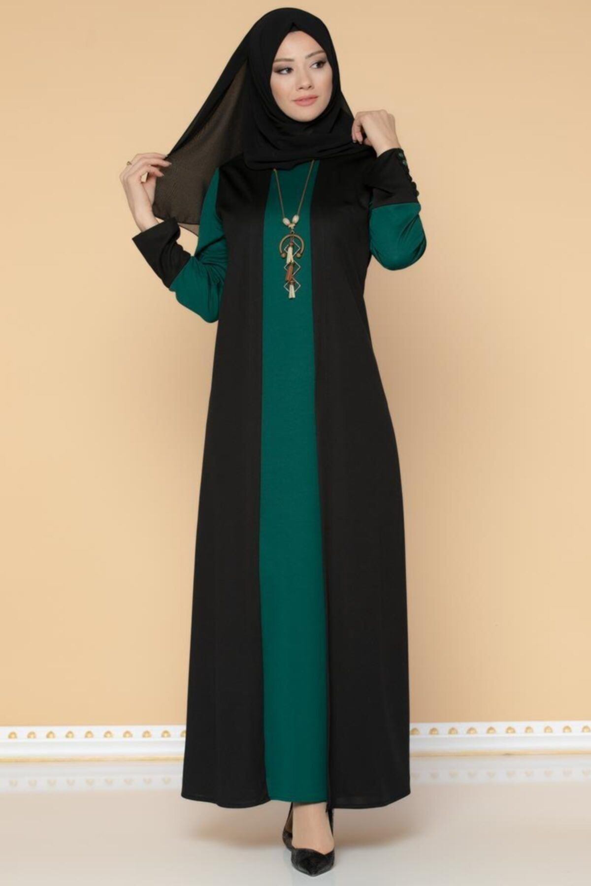 Moda Ebva Kadın Yeşil Siyah Uzun Elbise