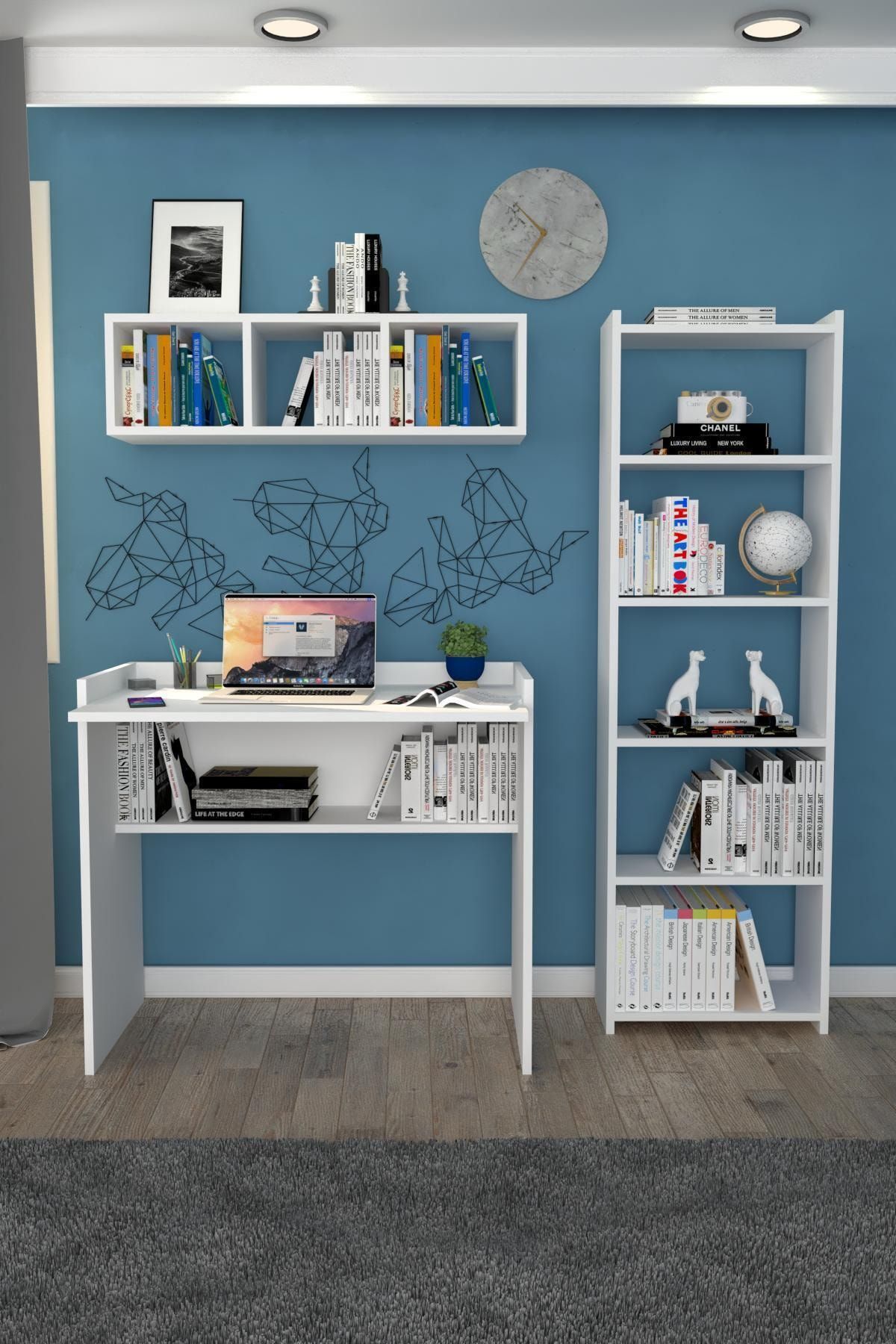 Moonlife Elmas Çalışma Masası Kitaplık Duvar Raflı Beyaz