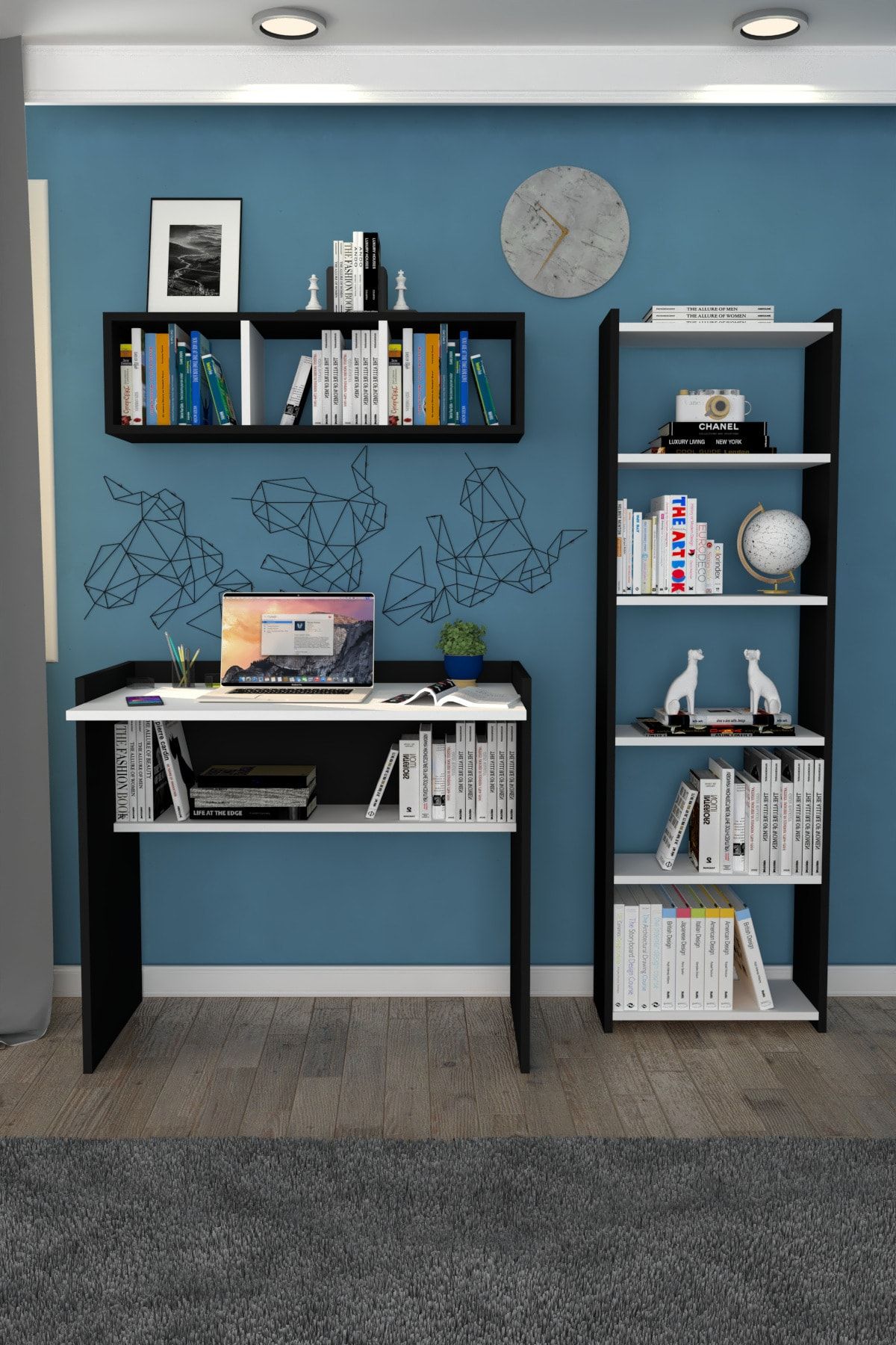 Moonlife Elmas Çalışma Masası Kitaplık Duvar Raflı Beyaz Siyah