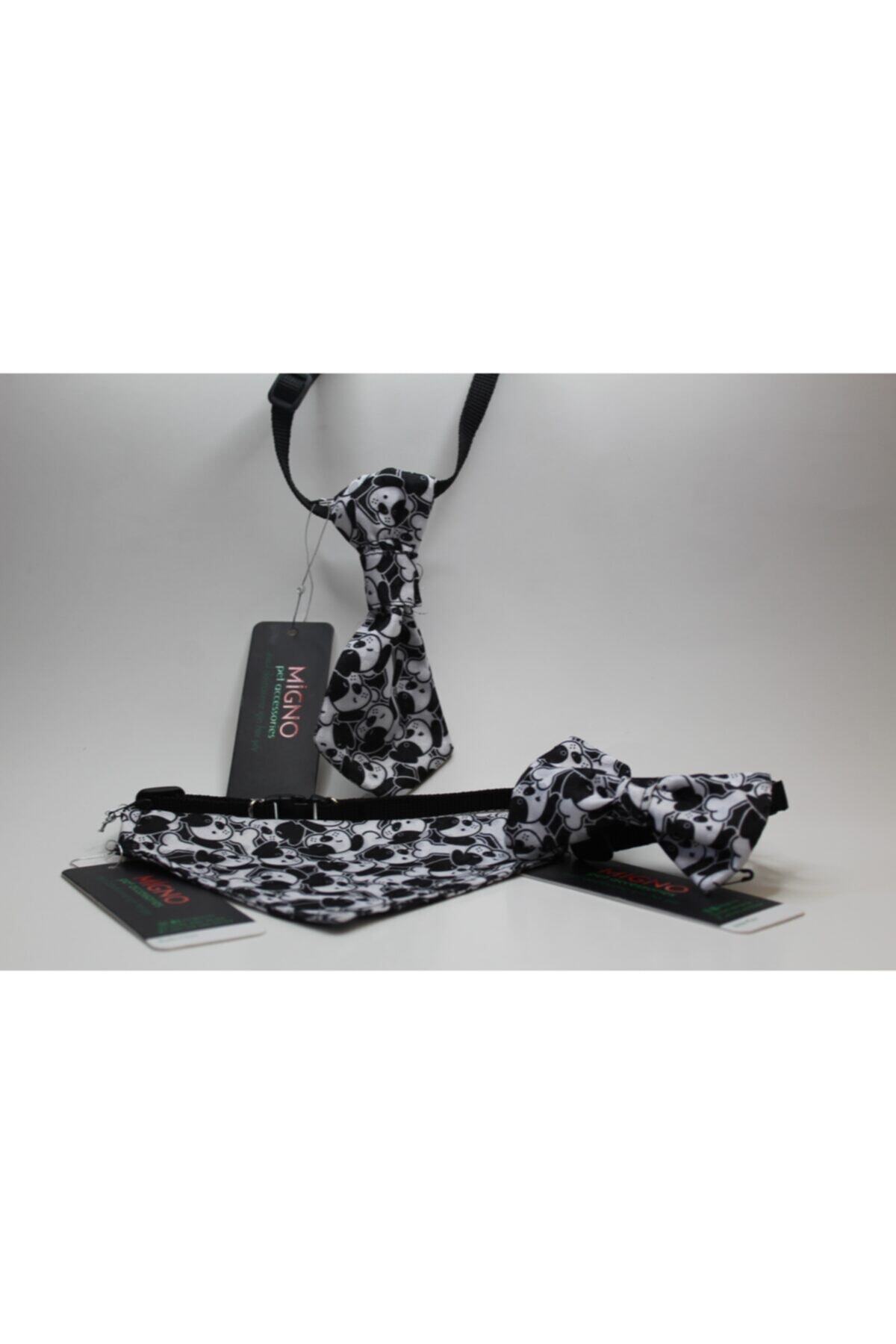 Migno Siyah Renk Köpek Desenli 3 Lü Takım Tasmalı Papyon+bandana+kravat Xl 40/65 cm