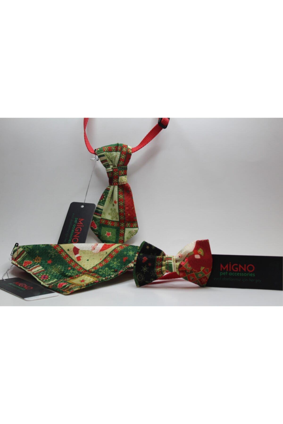 Migno Yeşil Çam Ağacı Desenli 3 Lü Takım Tasmalı Papyon+bandana+kravat Xl 40/65 Cm