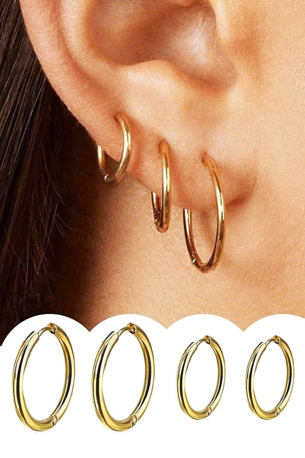 Chance Accessories Kadın Gold Renk Cerrahi Çelik Halka Küpe 4 Adet