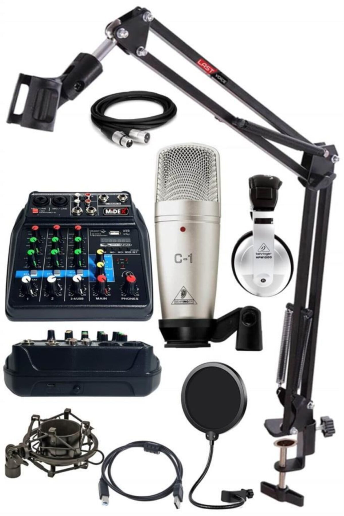 Behringer Quadcast Set C-1 Mikrofon Midex Mikser Stand Kulaklık Full