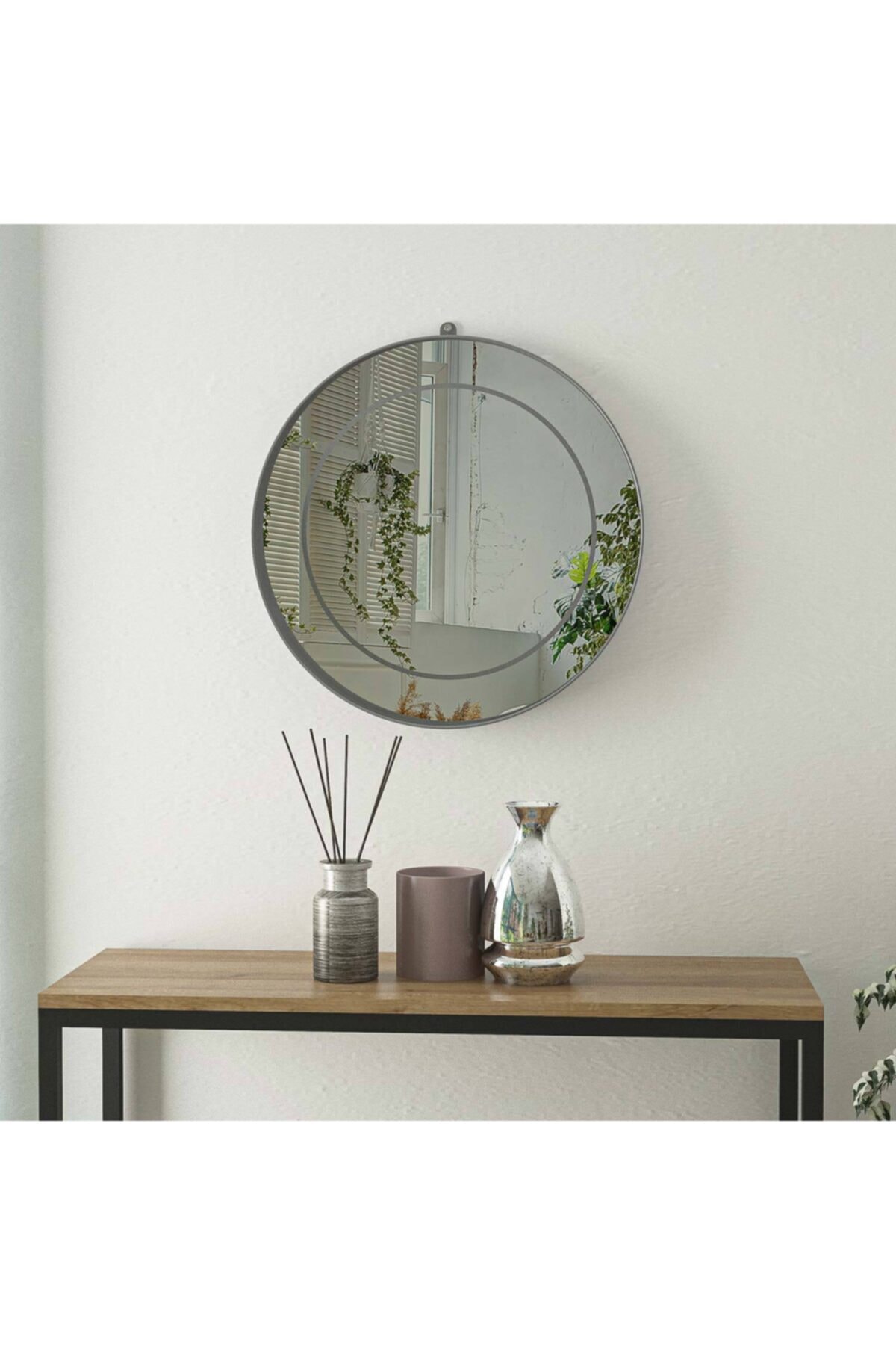 tino furniture 50cm Silver Metal Yuvarlak Duvar Aynası Banyo Aynası