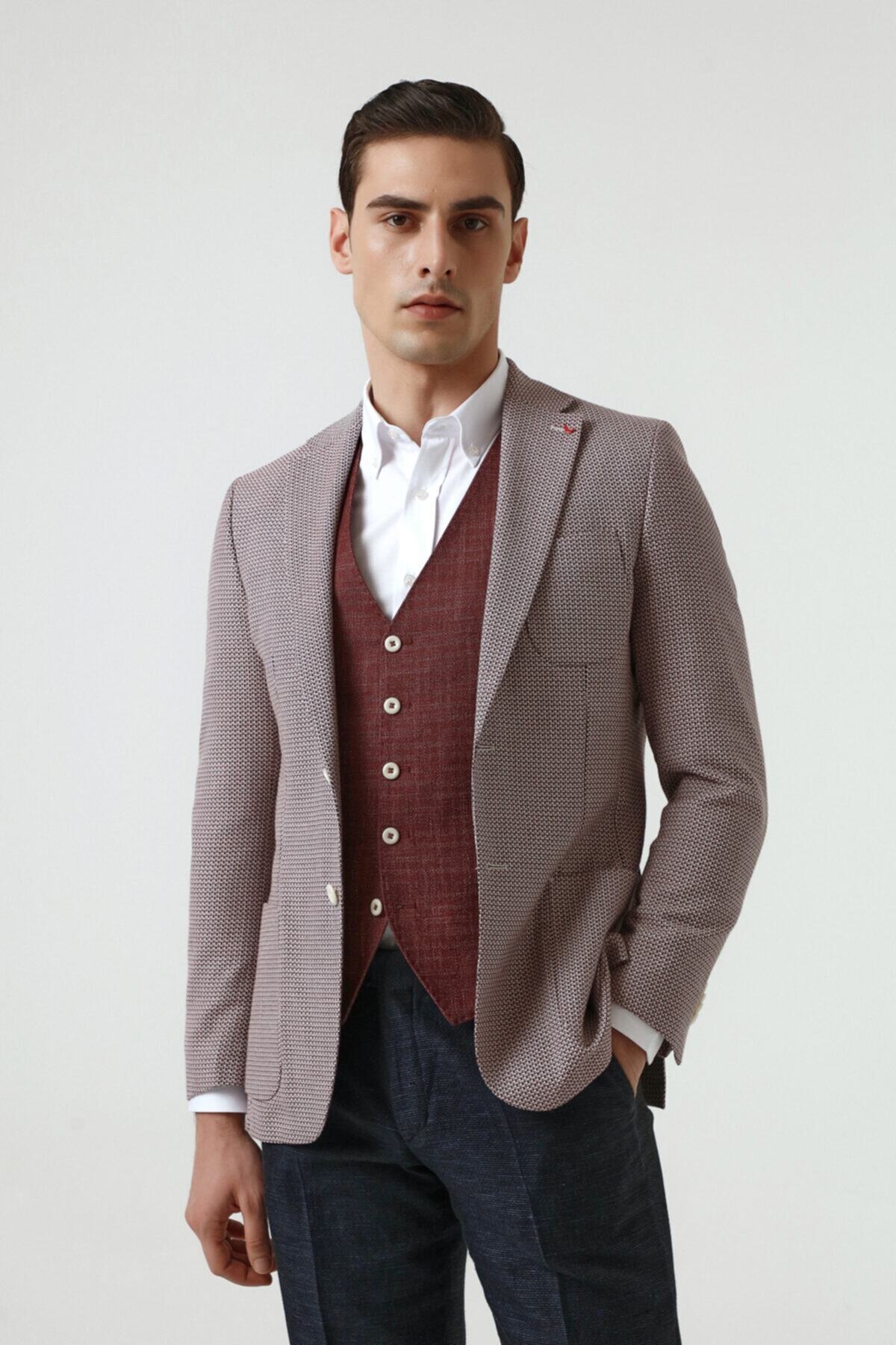 D'S Damat Kırmızı Renk Erkek  Yelekli Takım Elbise (Slim Fit)
