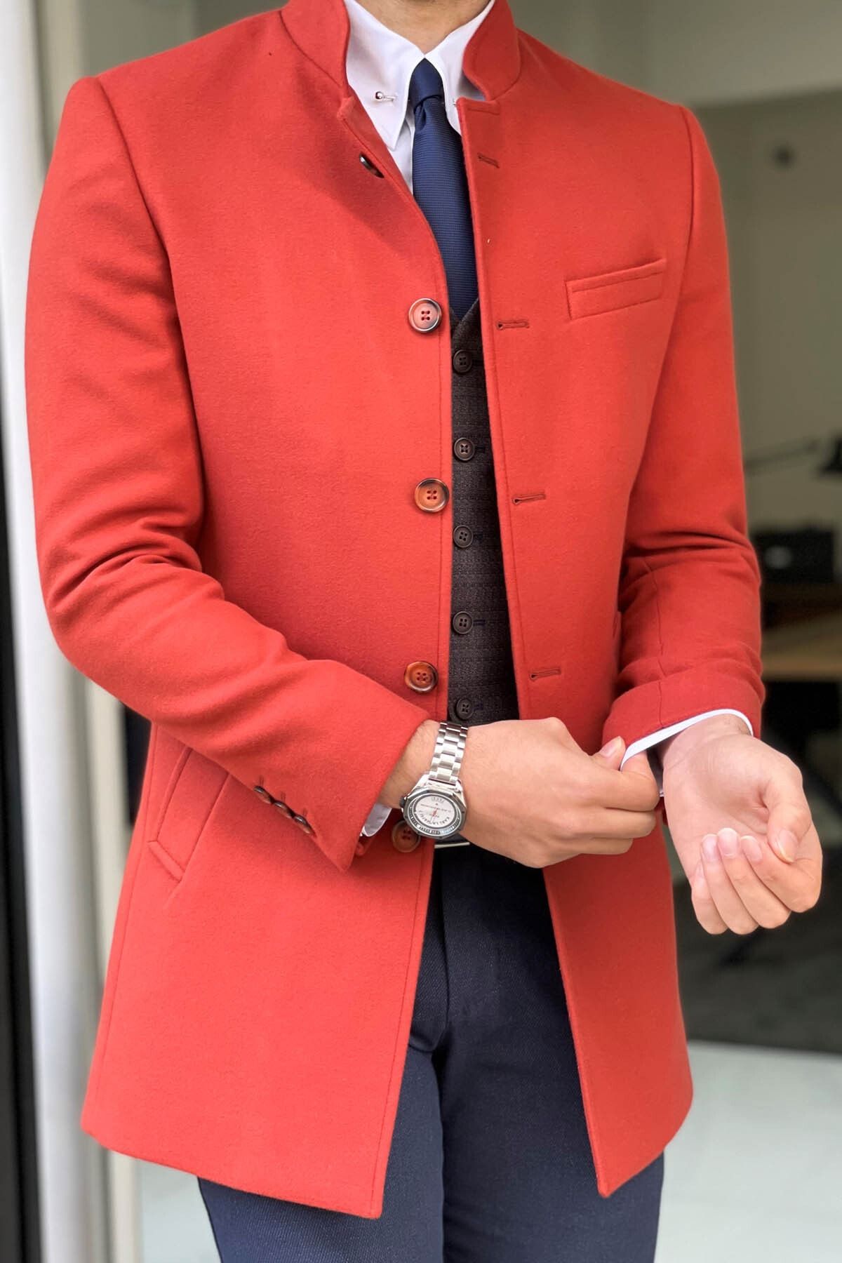 Mandarin collar wool coat shop