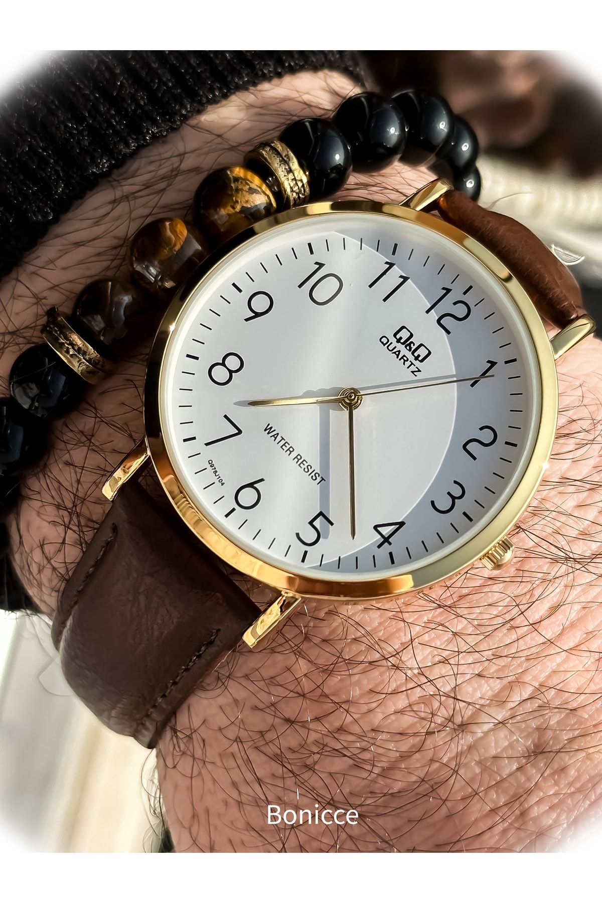 Q Q Brand Black Leather Strap Waterproof 2 Years Warranty Dial