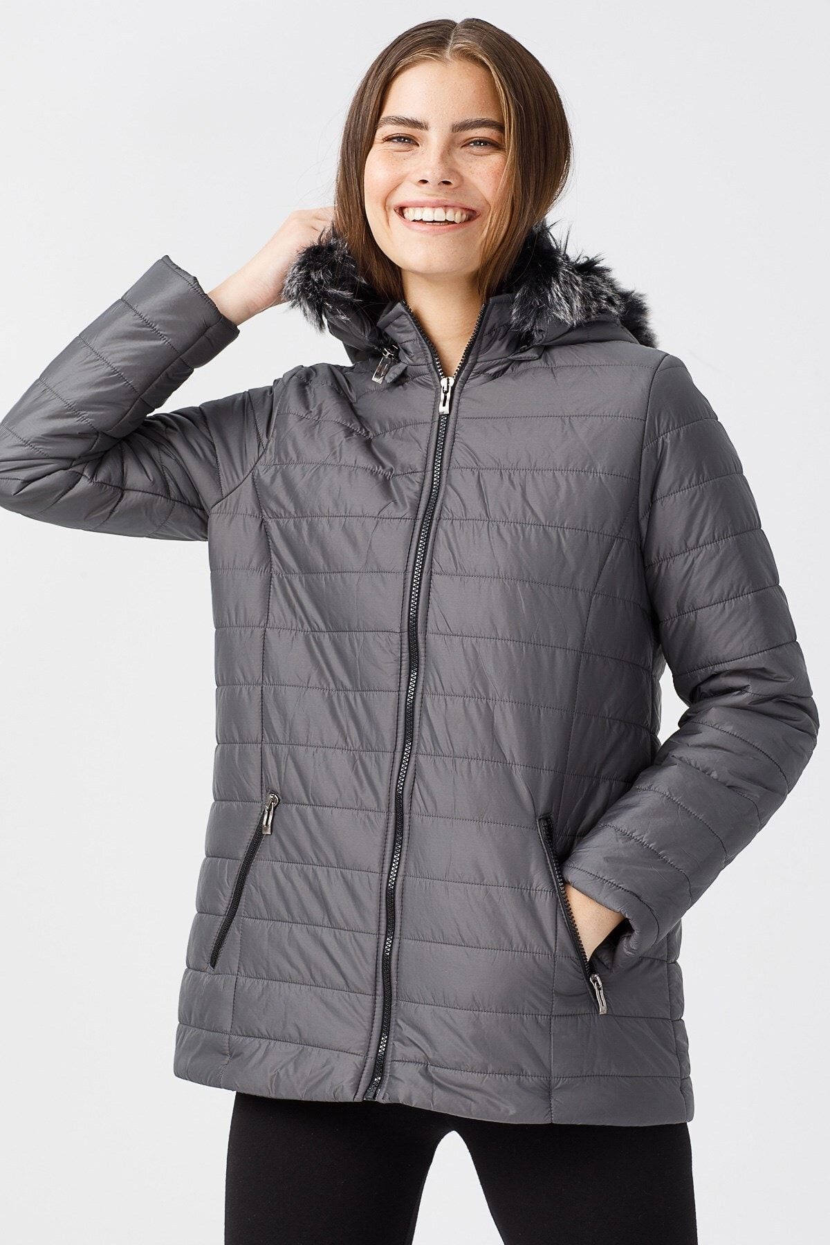 Grey quilted coat hot sale with fur hood