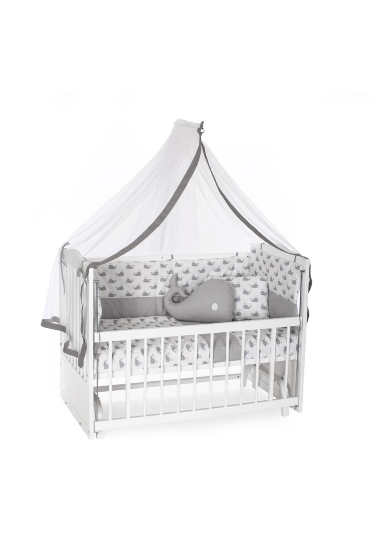Heyner Ahşap Anne Yanı Sallanır Beşik Beyaz 60x120 + Gri Balina Uyku Seti + Yatak + Tekerlek