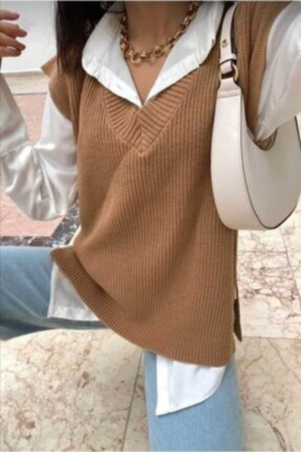 ModaTrendy Kadın Kahverengi V Yaka Triko Süveter