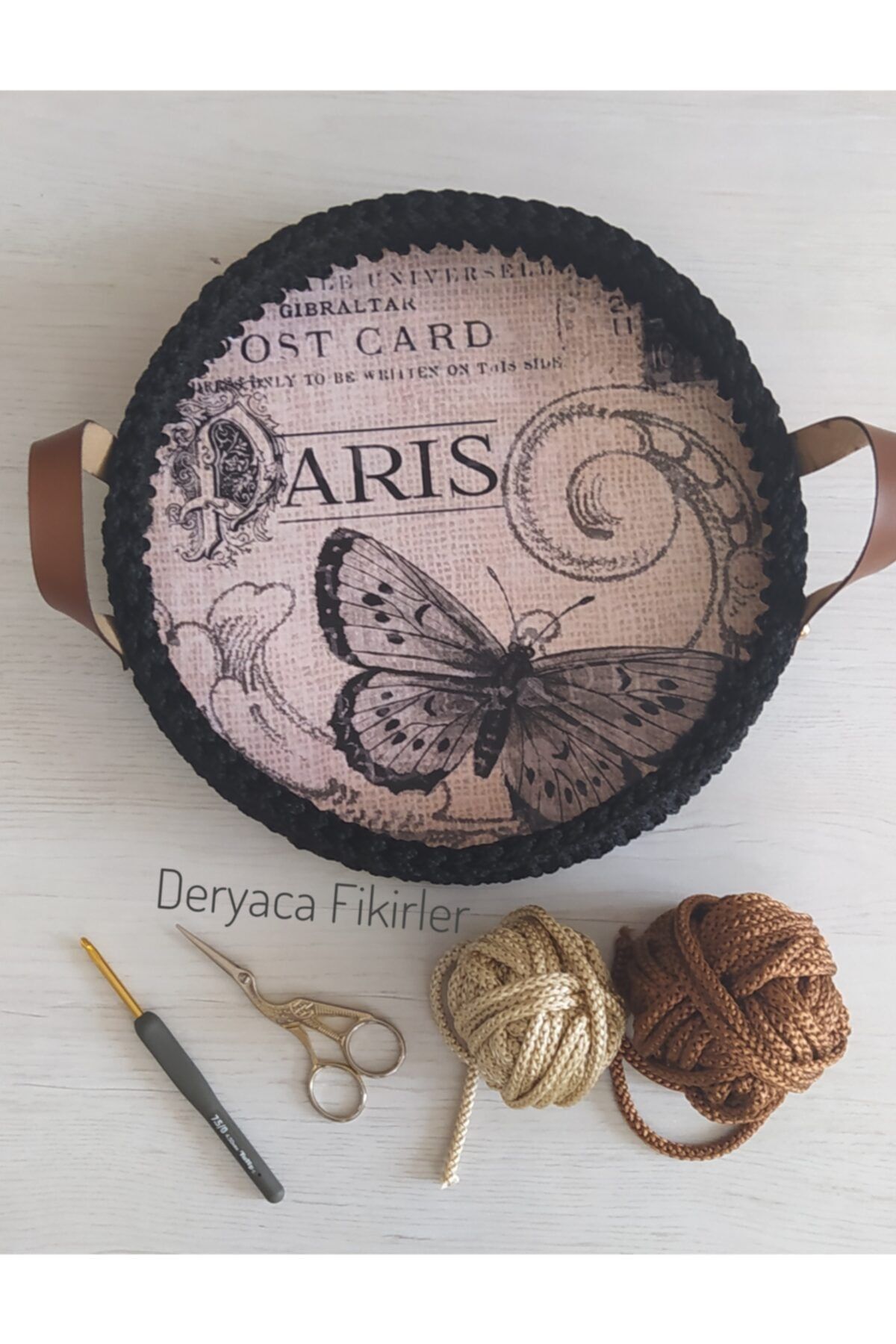 DERYACA FİKİRLER 30 Cm Ahşap Plaka El Örgüsü Sunum Tepsisi