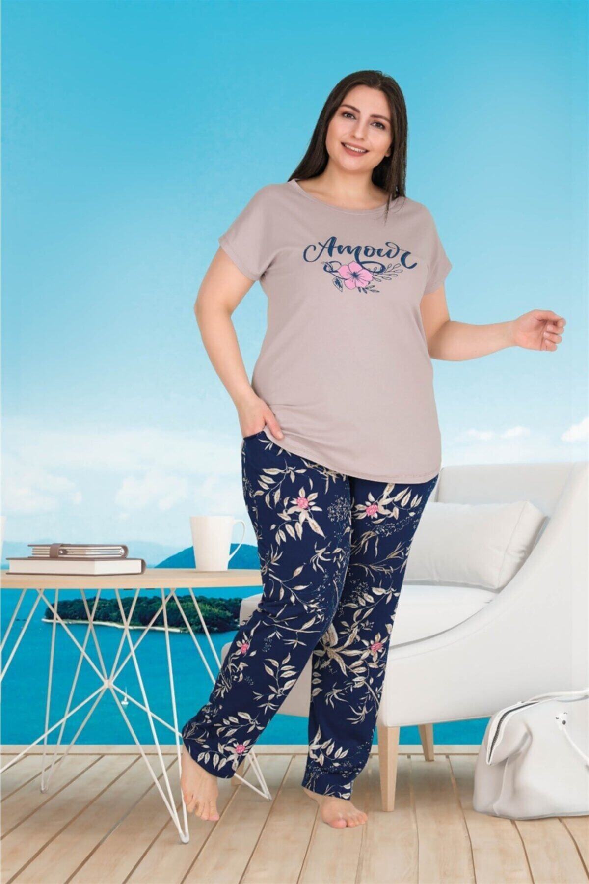 tarzimsuper Kadın Büyük Beden Lacivert Çiçek Desenli Pijama Takımı