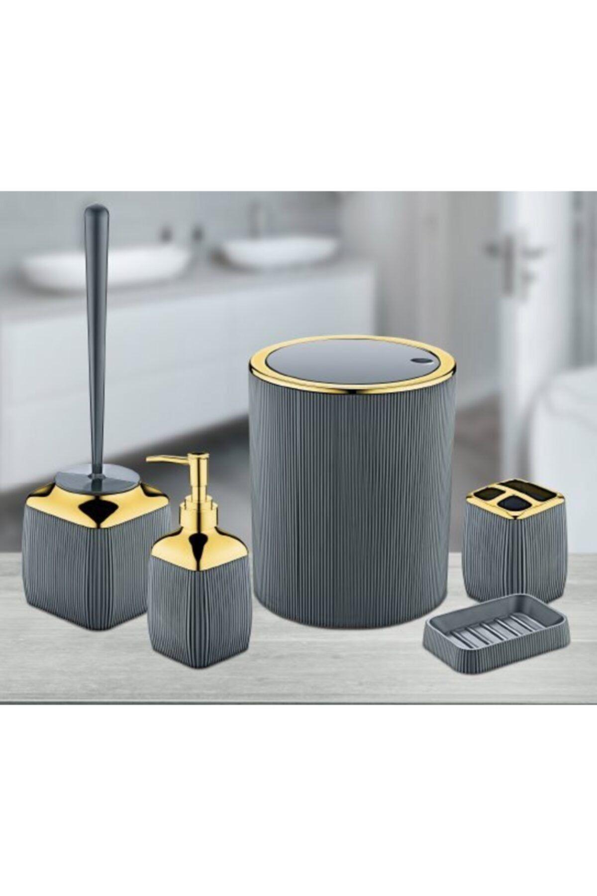 Freecook 5 Parça Gold Çerçeveli Plastik Çizgili Banyo Seti
