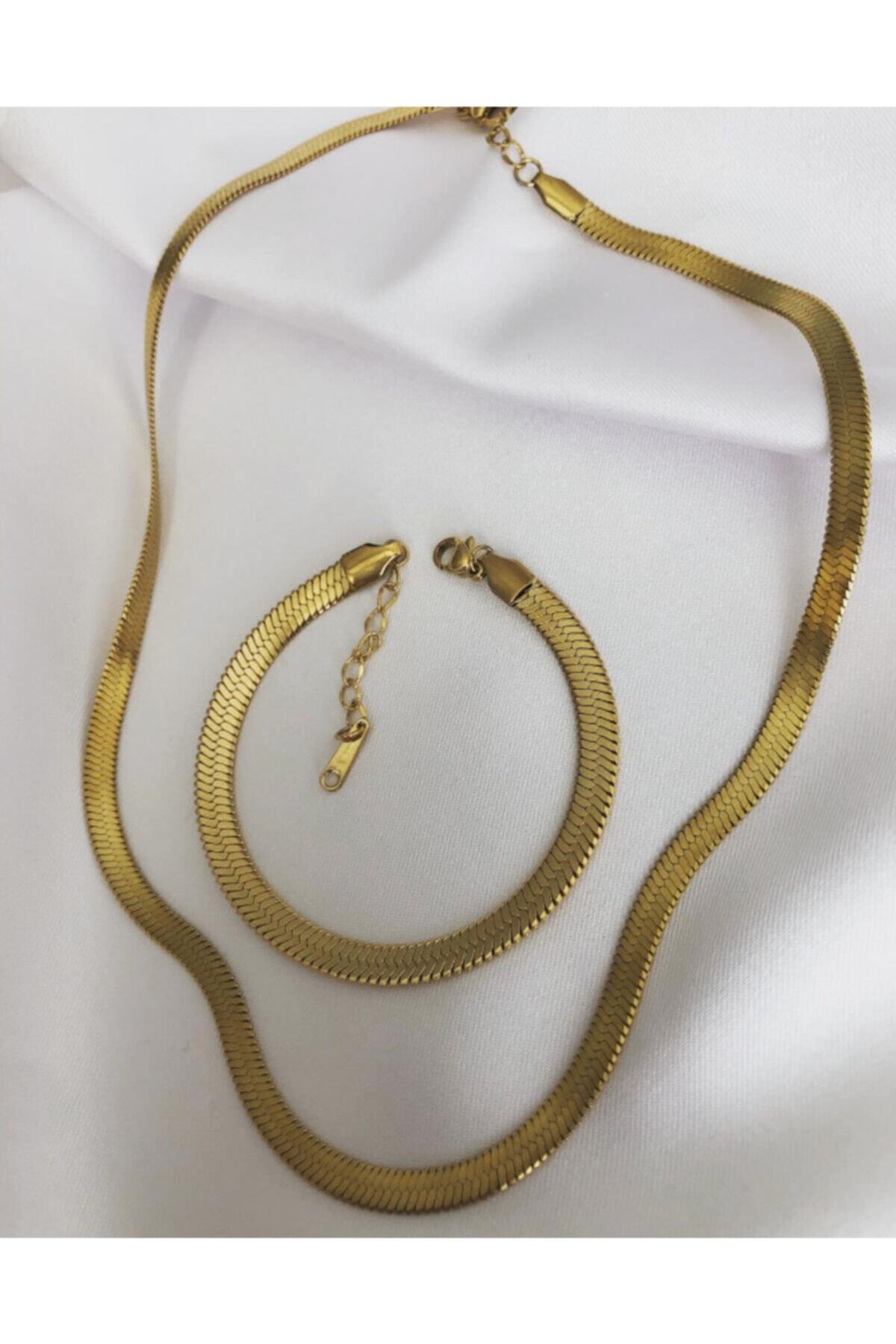 iremoda Kadın Çelik İtalyan Yassı Ezme Kolye Bileklik Set