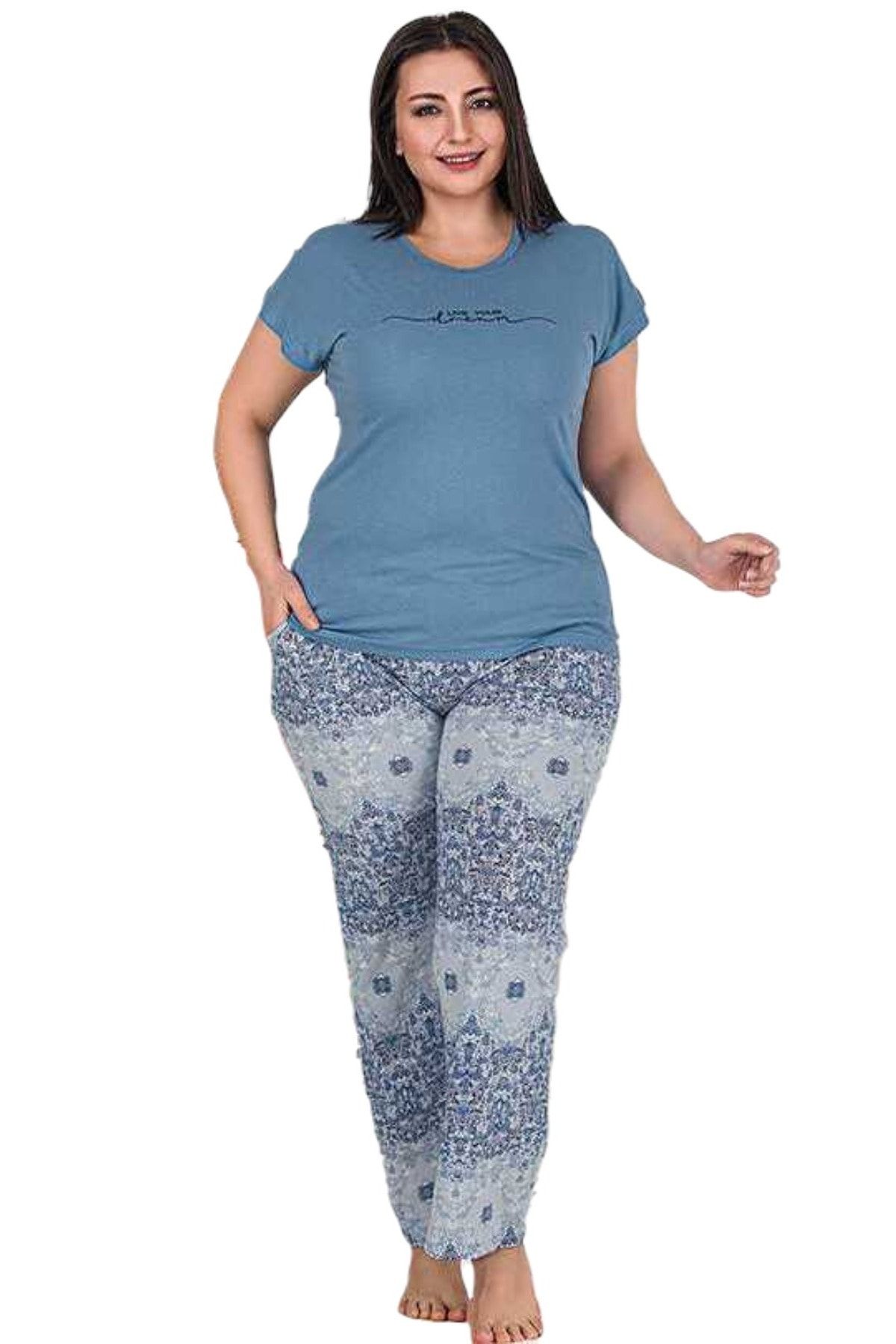 Shop mood Kadın Mavi Kısa Kollu Cepli Pamuklu Büyük Beden Pijama Takımı