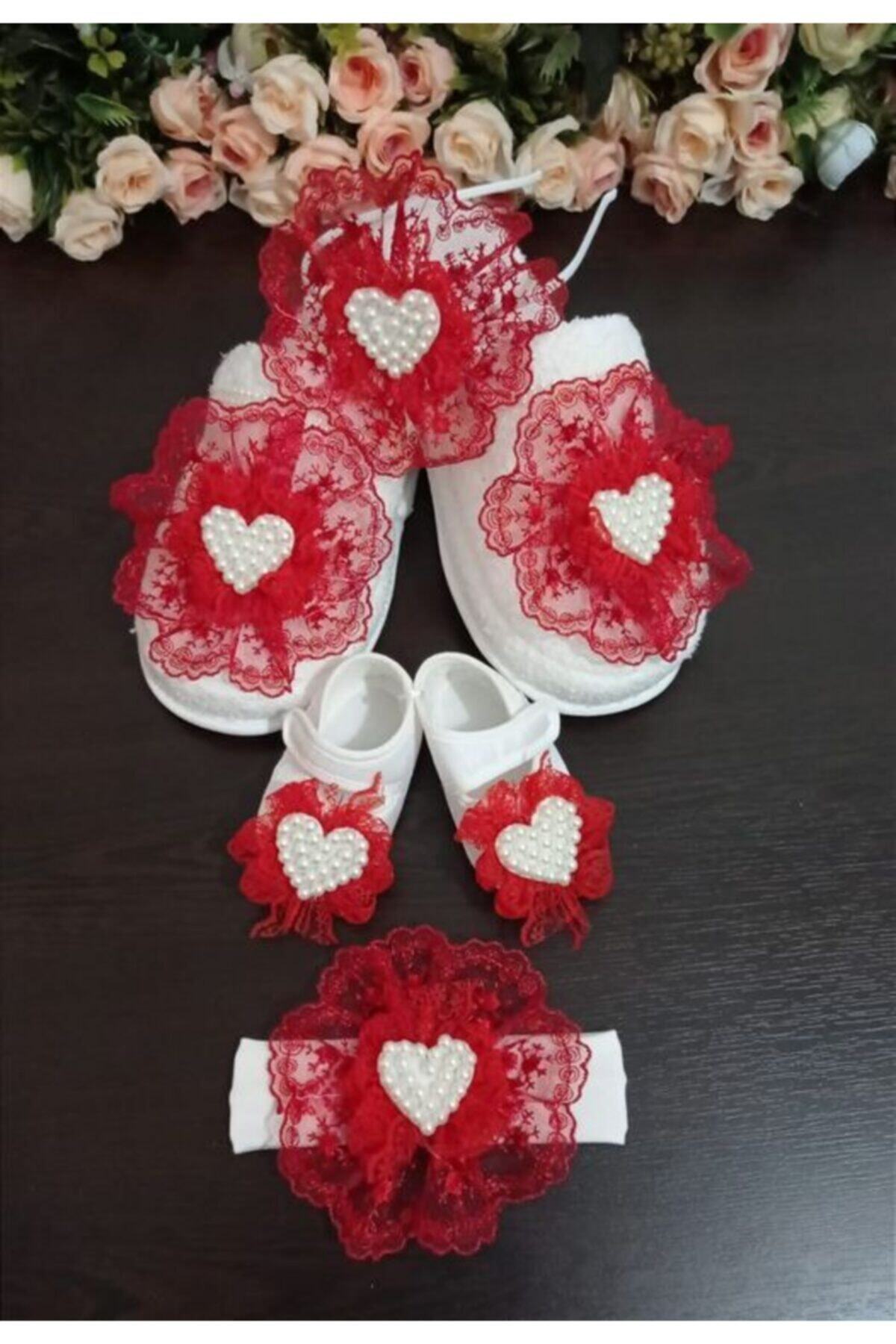 SÜSLÜTASARIM Kalpli Lohusa Terlik Ve Taç Bebek Patik Ve Bandana Seti