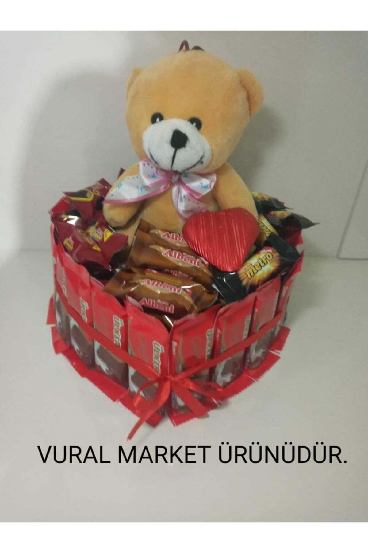 Vural Market Büyük Kalp Hediyelik Atıştırmalık Ayılı Efsane Lezzet Paketi