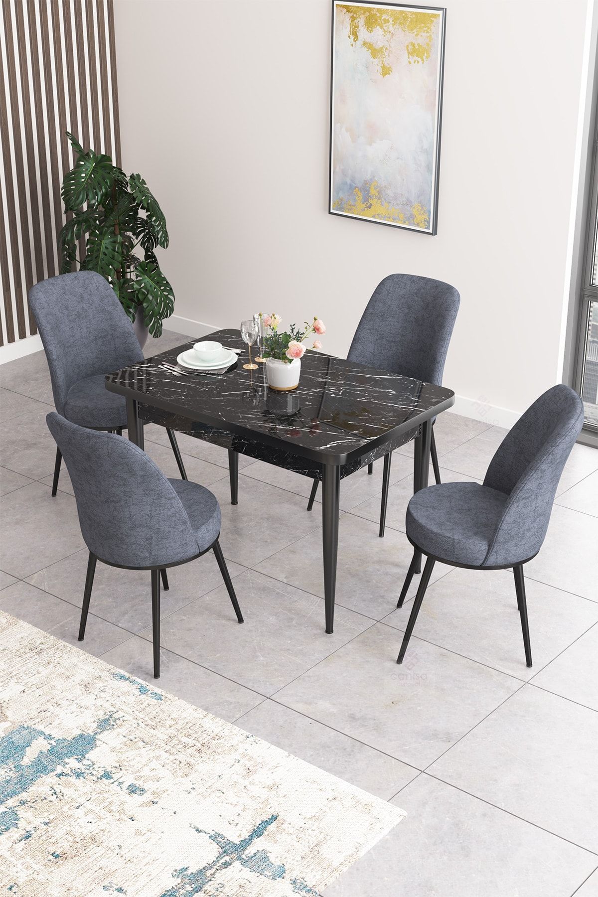 Canisa Concept Nil Serisi Siyah Mermer Desenli Sabit Yemek Masası&mutfak Masası +4 Füme Sandalye