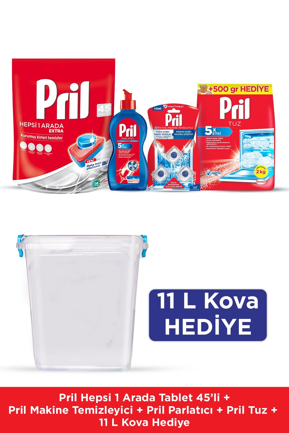 Pril Hepsi Bir Arada 45 Yıkama + Temizlik ve Bakım Seti + 11L Kova Hediye