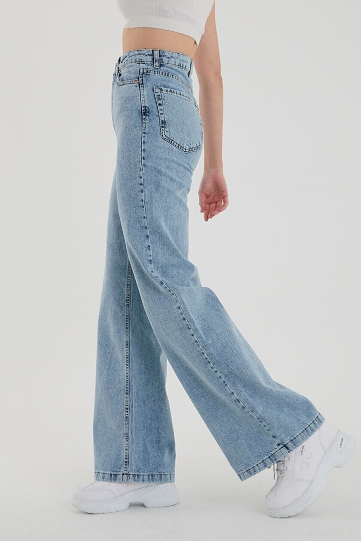 Won Loose Light Blue Acid Snow Wash Super Faq بلند شلوار ساق پا گشاد Lycra Palazzo Jeans