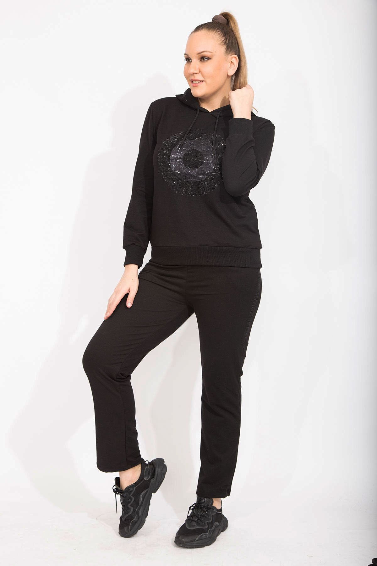 ans Women s Large Size Black Stone Detailed Hooded Sweatshirt