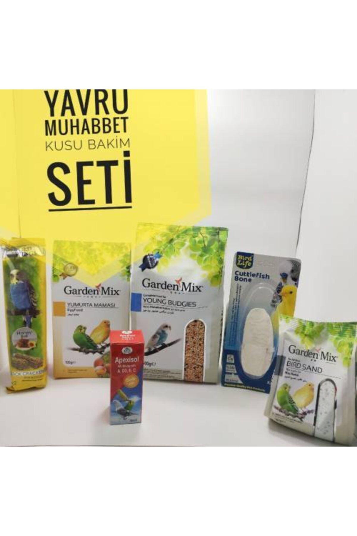 Gardenmix Yavru Muhabbet Kuşu Özel Besleme Paketi 8 Tahıllı Yem, Kraker, Kalamar, Vitamin, Kum,