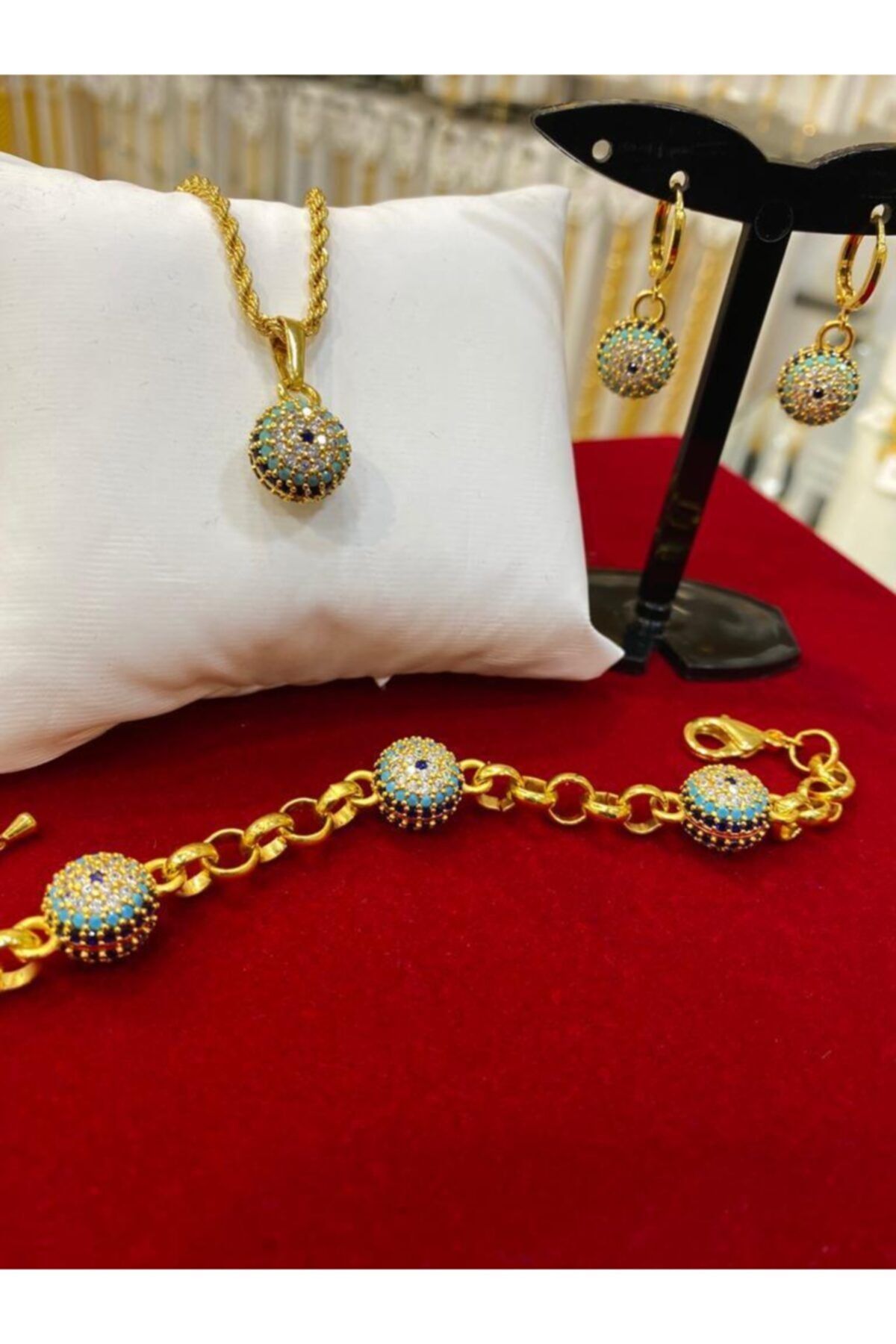 Alzey Gold İmitasyon Nazar Zirkon Taşlı Kolye Küpe Bileklik Set