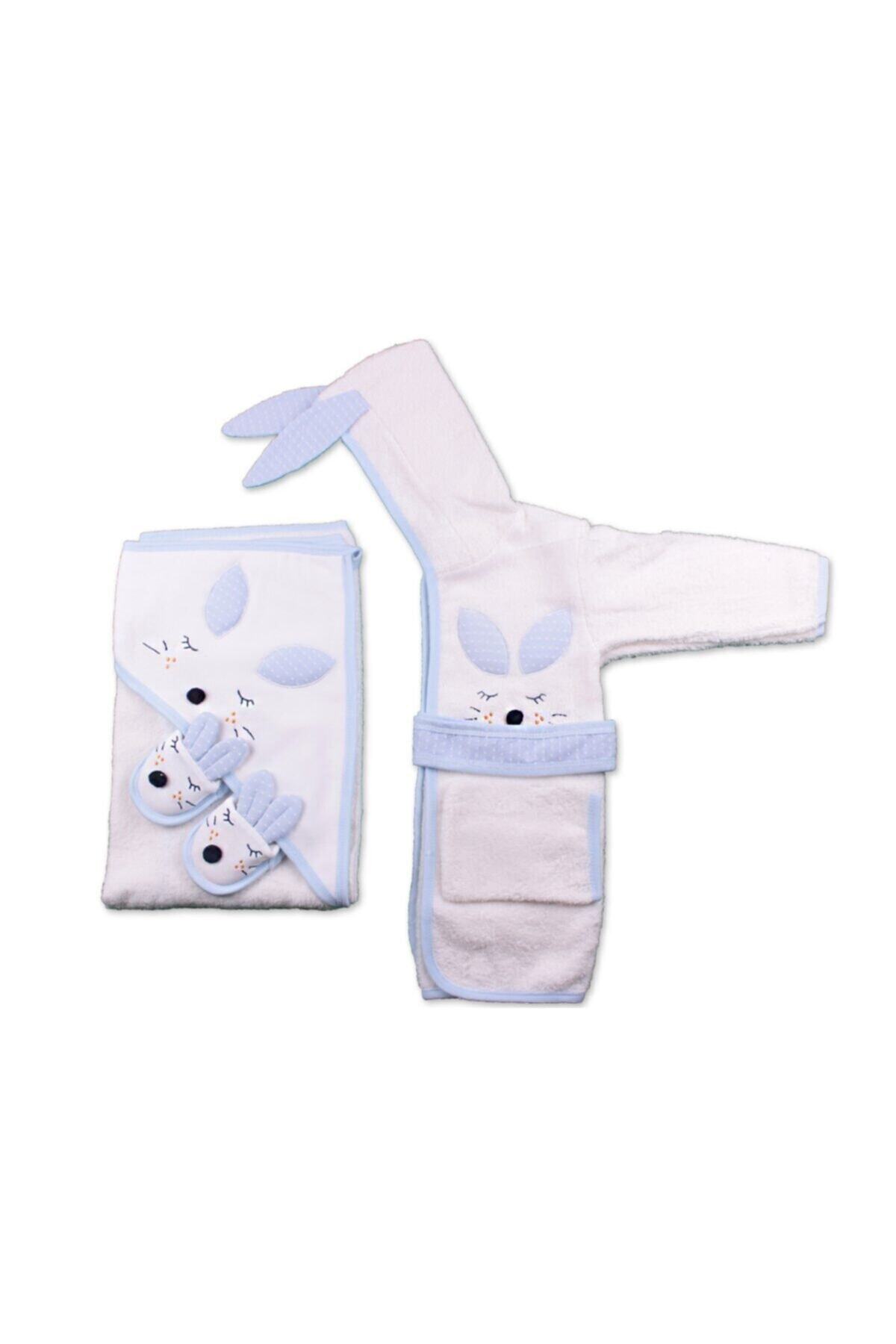 Jaju Baby Gaye Bebek Tavşan Baskılı Mavi Bornoz Set