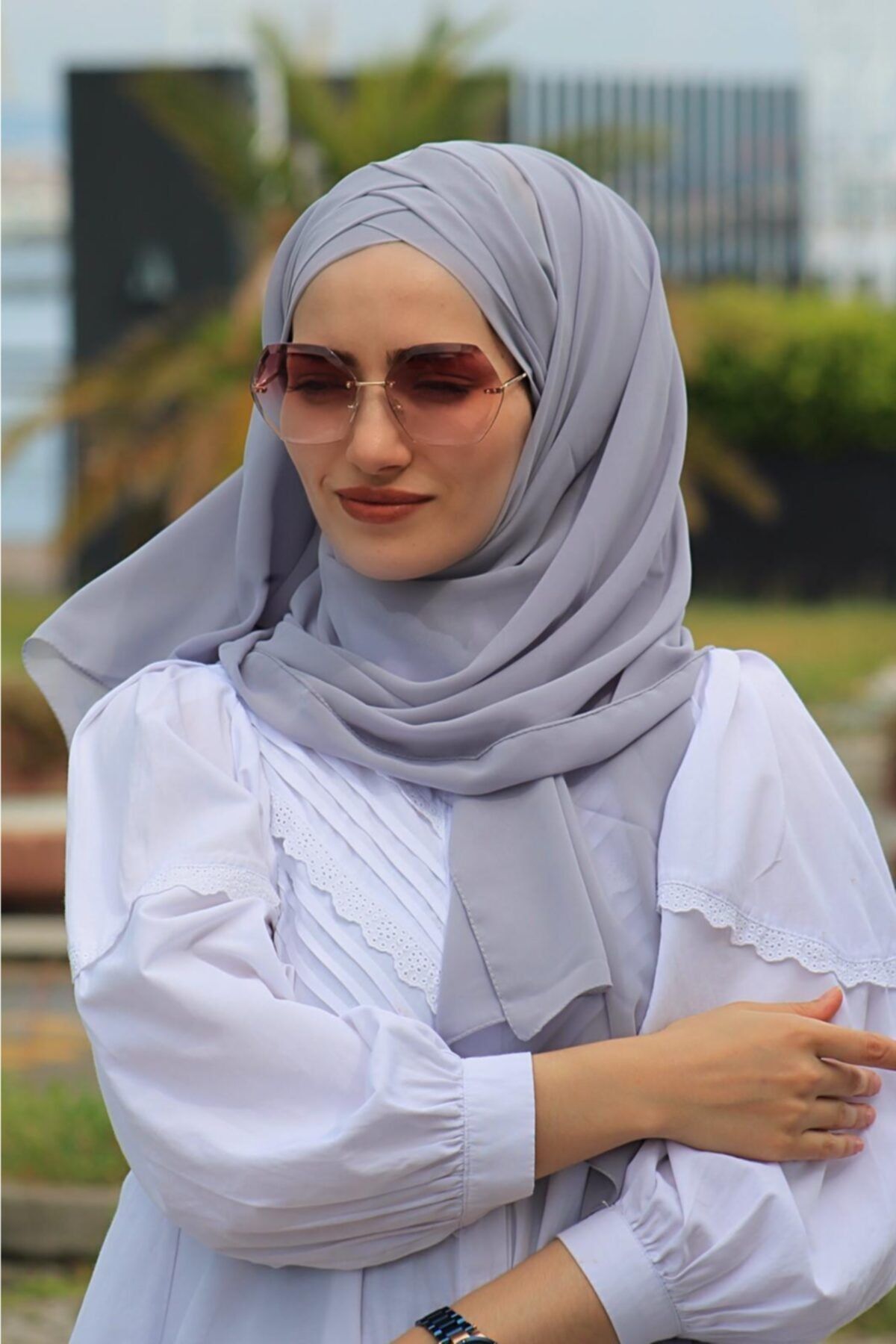 Sahra Şal Dünyası Üç Bantlı Şal Acık Gri (HAZIR MODEL)