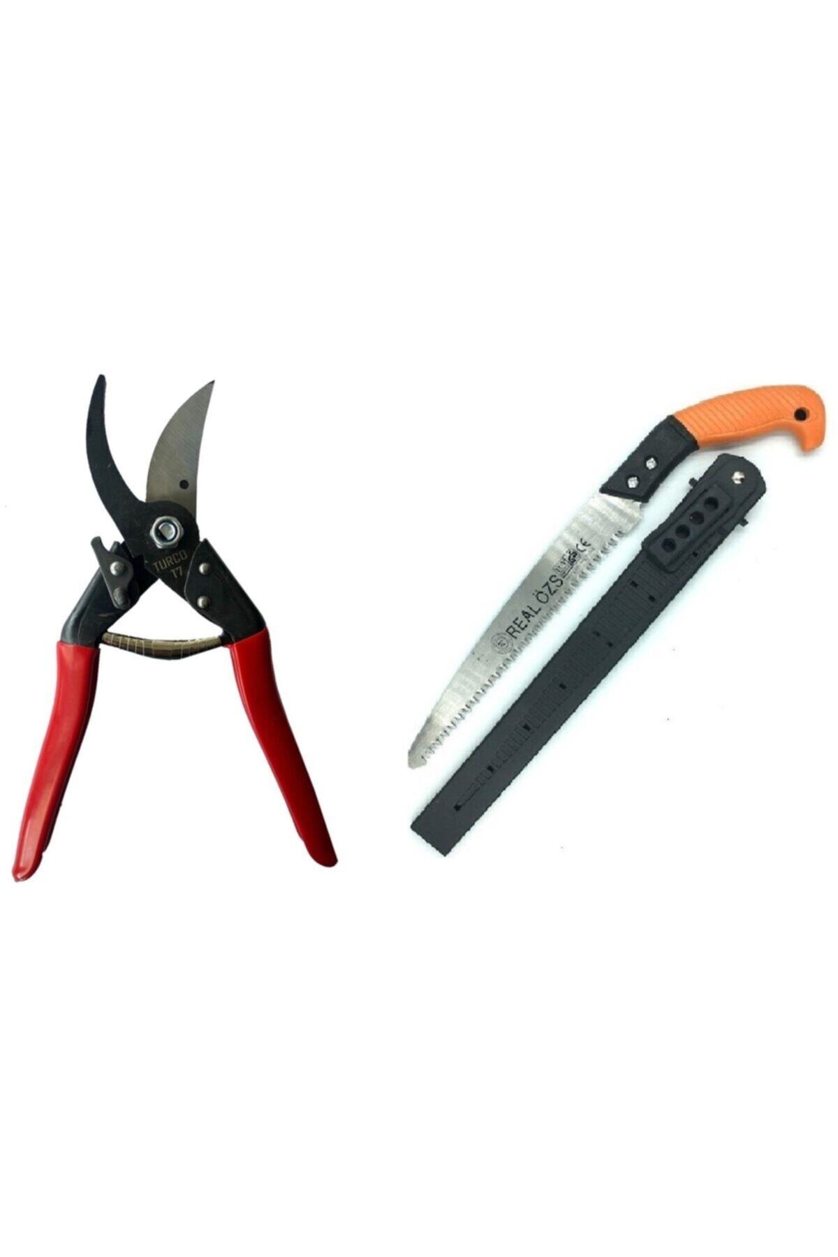 Turco T7 Değişken Ağızlı Bahçe Ağaç Bağ Budama Makası + Real Özs Kılıflı Dal Budama Testere 300 Mm