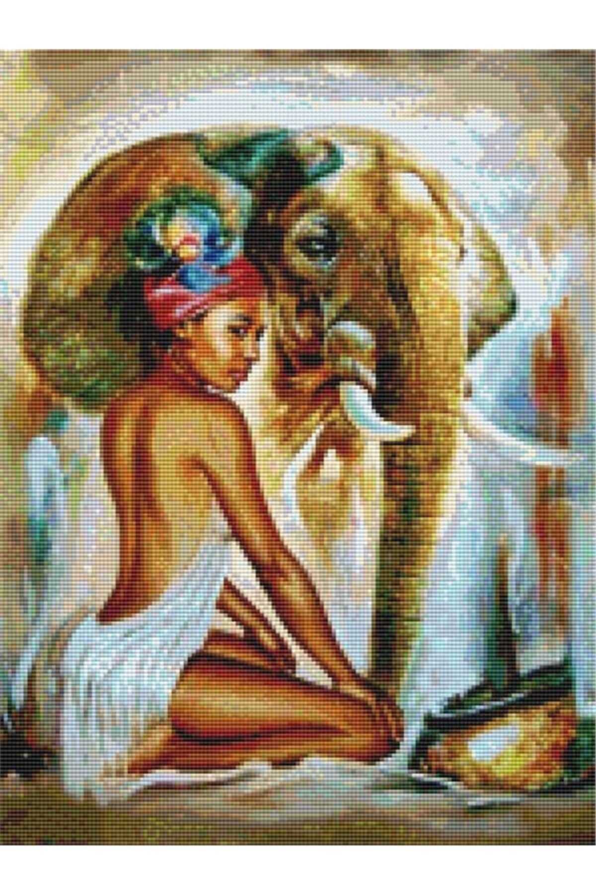 MOVAS Sanat Afrikalı Esmer Kız Ve Bir Fil Elmas Mozaik Tablo / Mozaik Puzzle 40 X 50cm E20201278m
