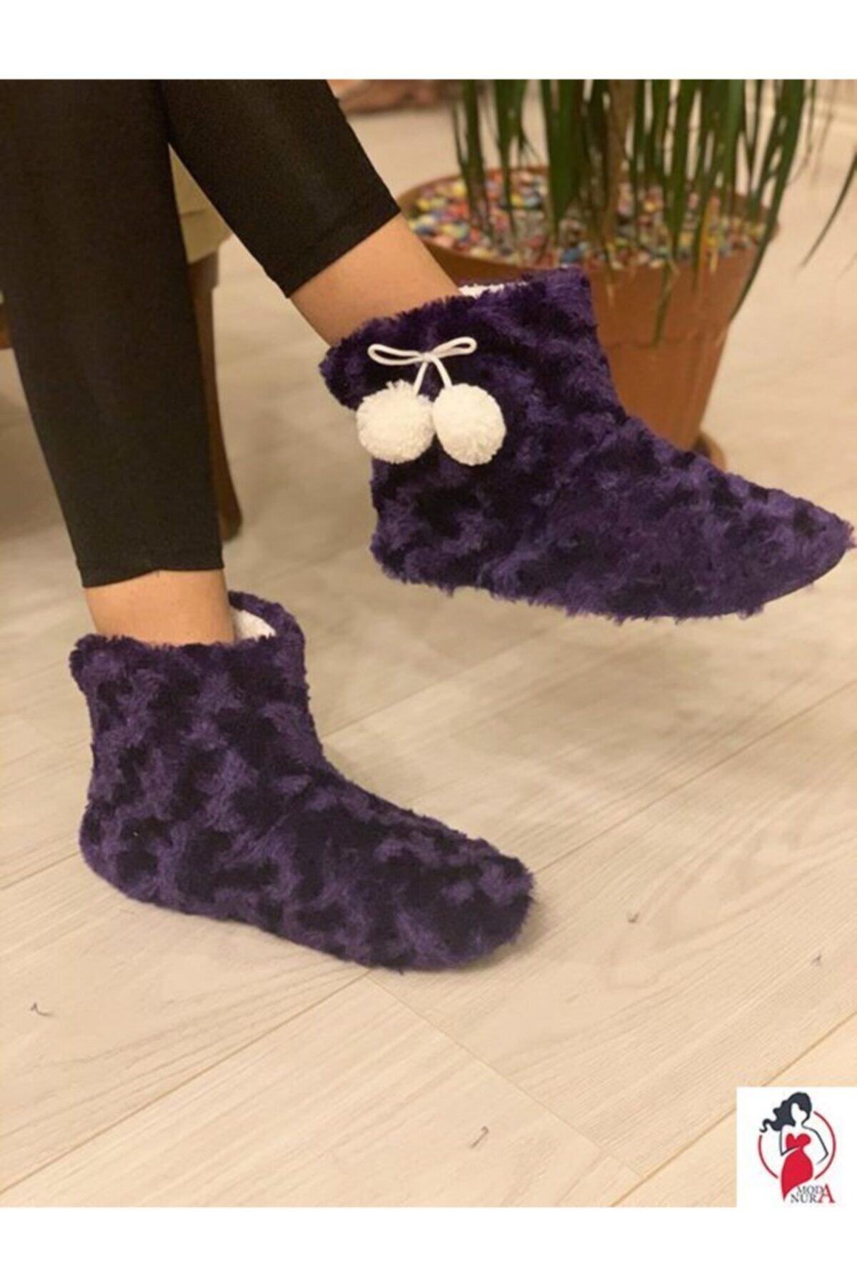Modanura Mor Yanı Ponponlu Tüylü Günlük Ev Pandufu