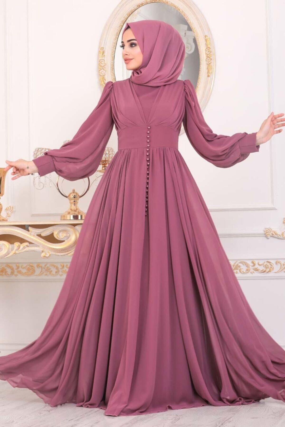 Neva Style Tesetturlu Abiye Elbise Dugme Detayli Gul Kurusu Tesettur Abiye Elbise 41011gk Fiyati Yorumlari Trendyol