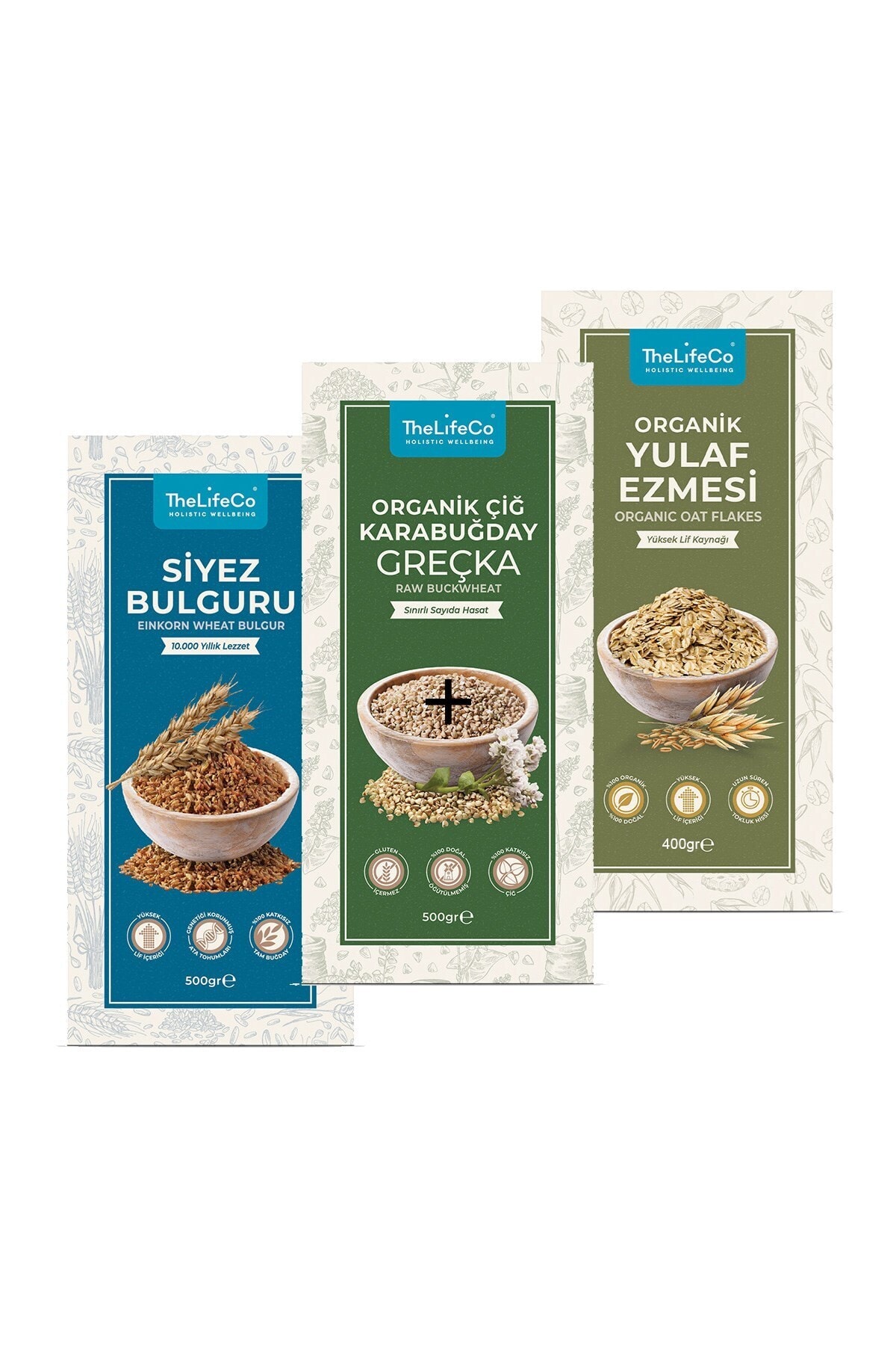 TheLifeCo Organik Çiğ Karabuday Greçka 500 Gr + Siyez Bulguru 500 Gr + Organik Yulaf Ezmesi 400 Gr