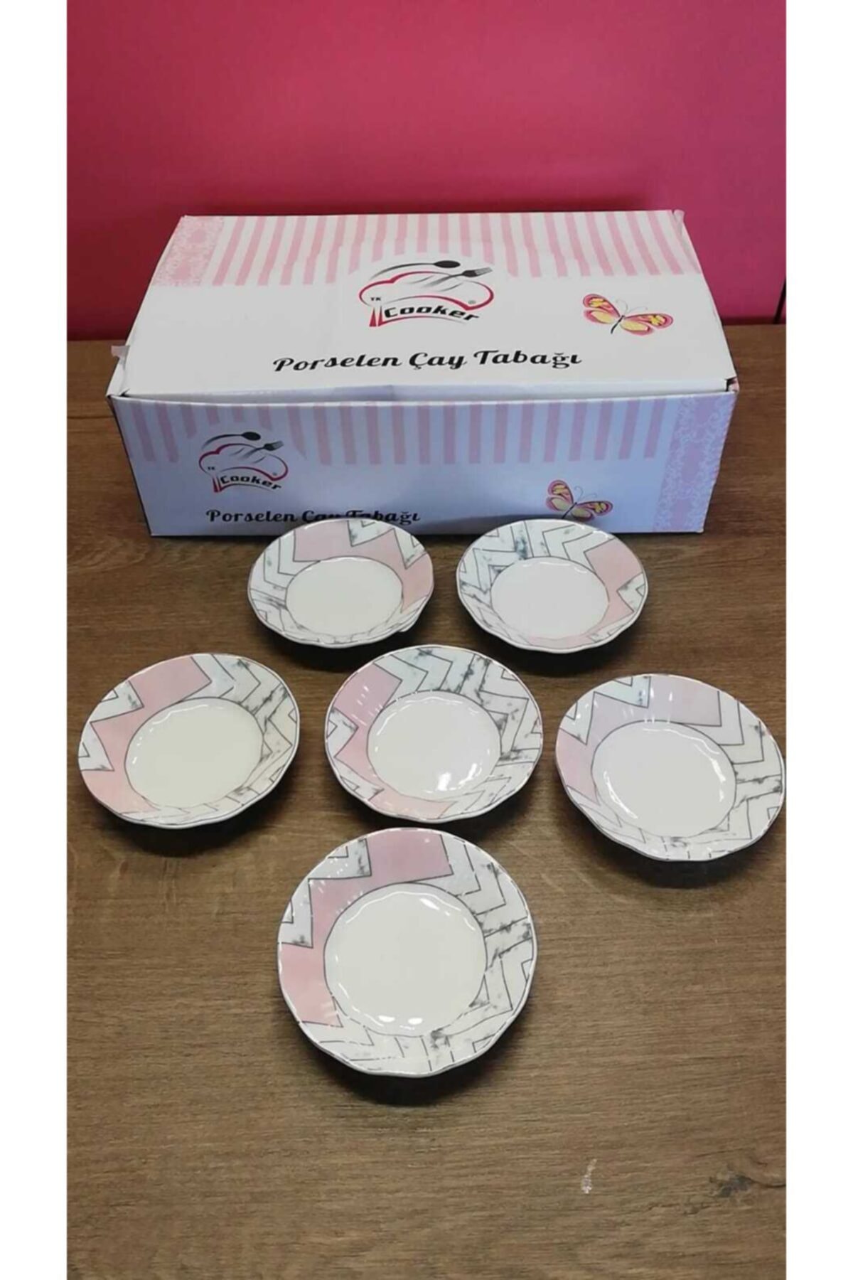 Cooker Pembe Mermer Desen Porselen Çay Tabağı 6 lı