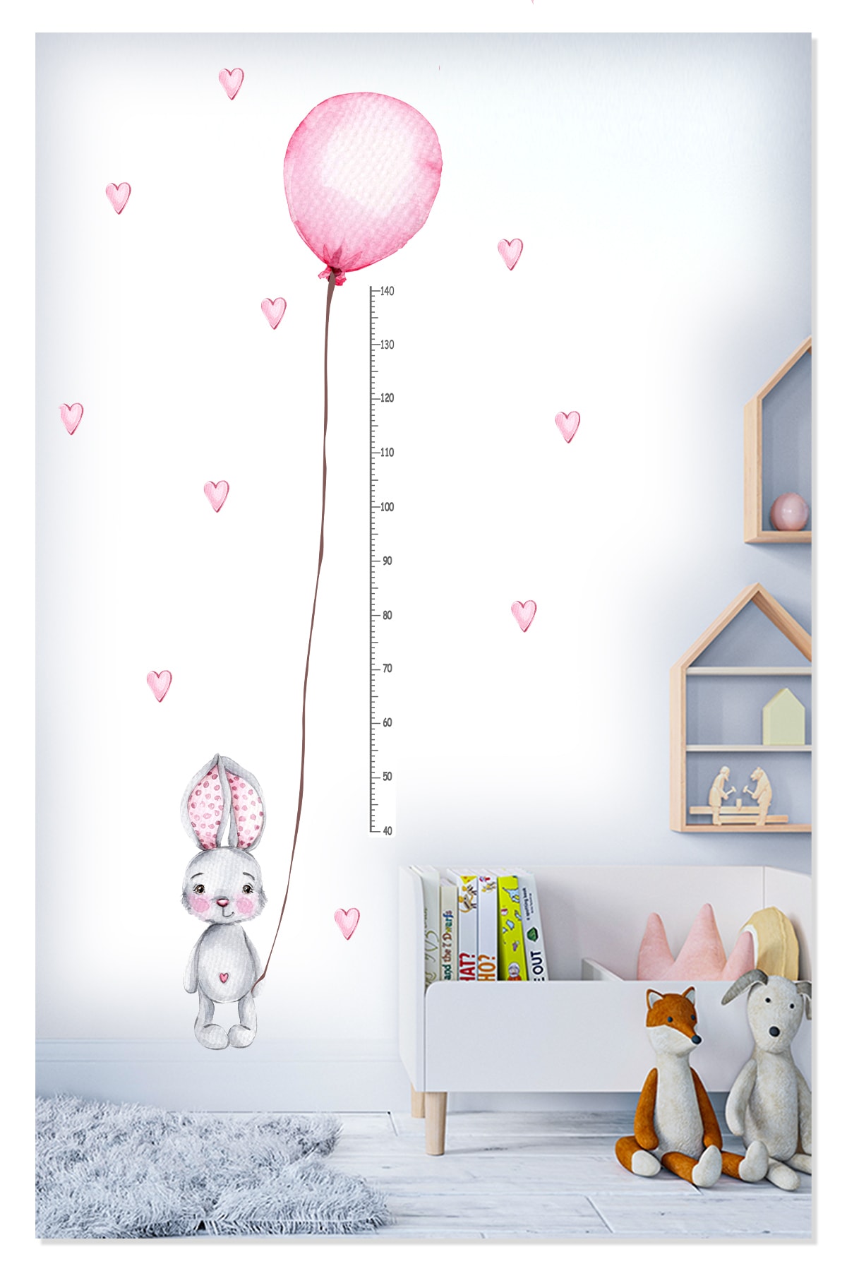 Sticker Sepetim Sevimli Tavşan Pembe Balon Ve Kalpler Boy Ve Gelişim Ölçer Çocuk Odası Duvar Sticker