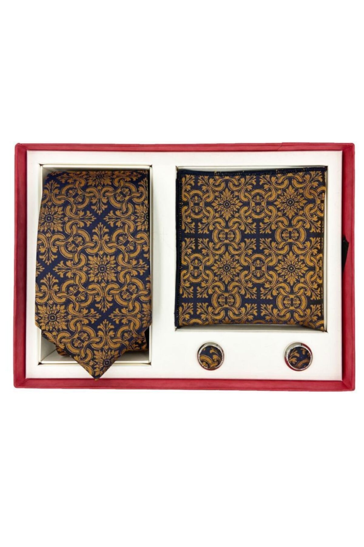 Brianze Motif Desen Gold Kravat Mendil Kol Düğmesi Kutulu Hediyelik Set