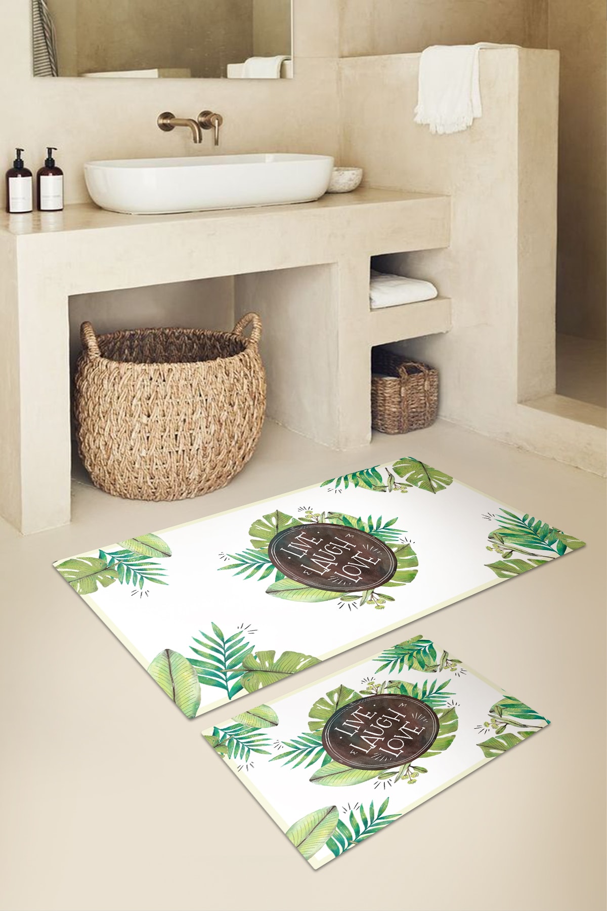 KARNAVAL HOME Karnaval Yeşil Yapraklar Lıve, Laught, Love 2'li Paspas Takımı - 50x60 Cm Ve 60x100 cm