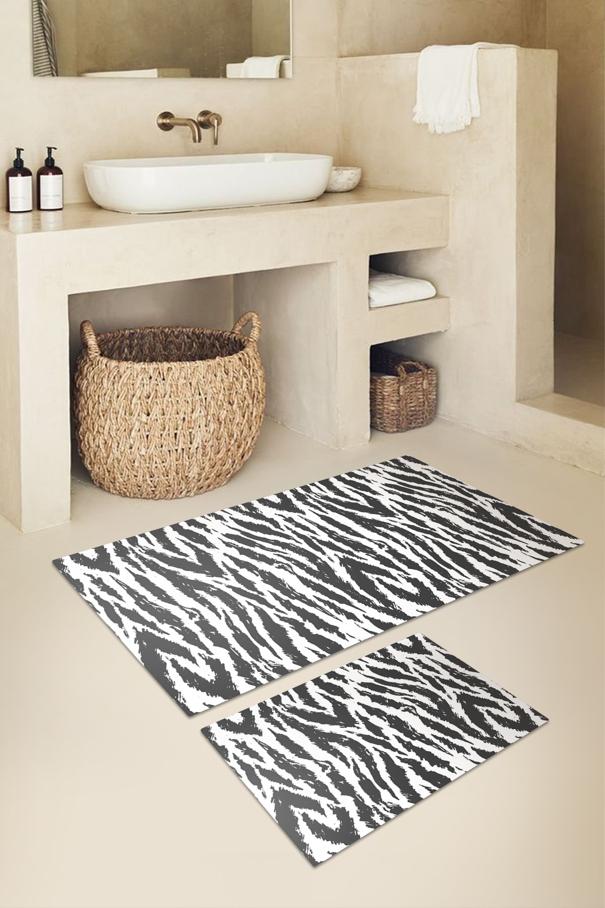 KARNAVAL HOME Zebra 2'li Banyo Paspas Takımı 50x60 cm Ve 60x100 cm