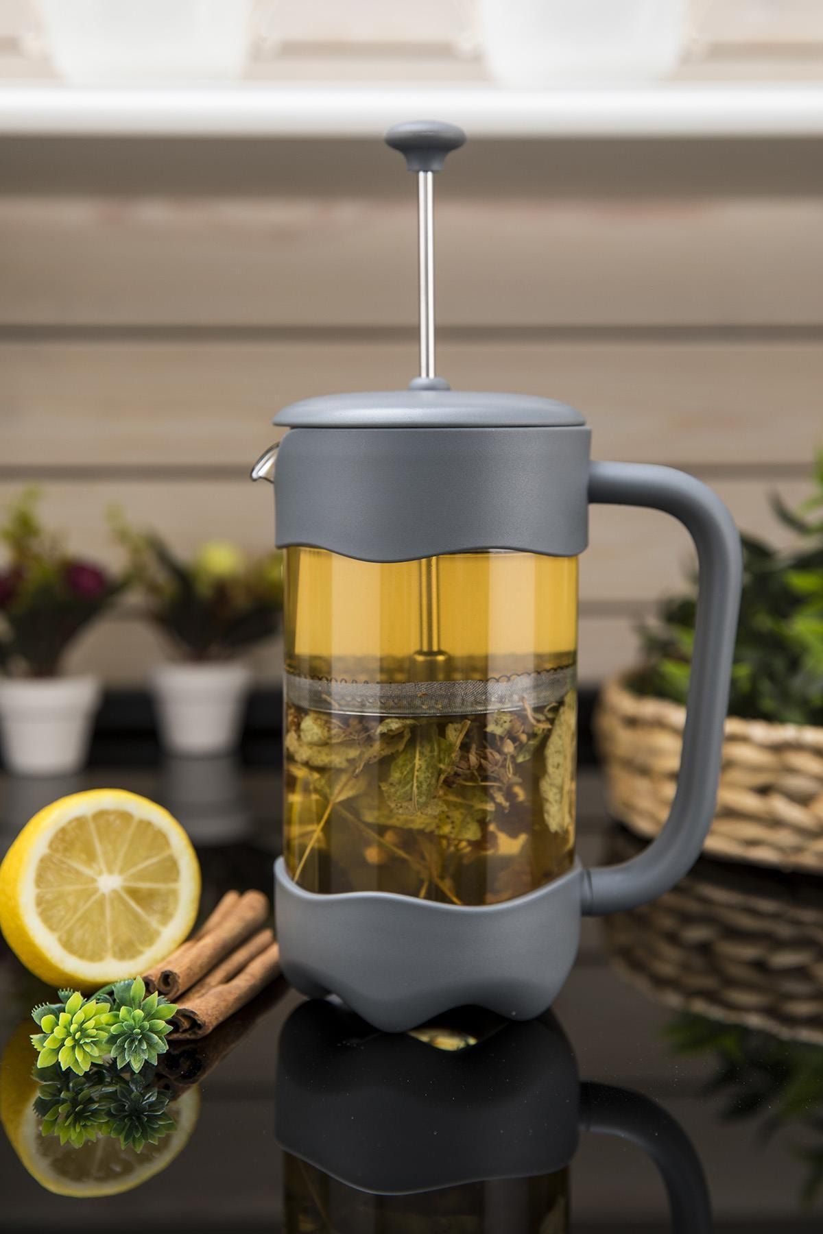 Doreline Leon Borasilikat Cam Bitki Çayı Kahve Demliği Lüx French Press 600 ml