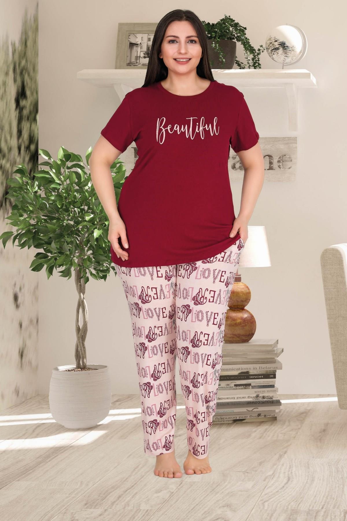 tarzimsuper Kadın Bordo Büyük Beden  Yazı Detaylı Kısa Kollu Pijama Takımı
