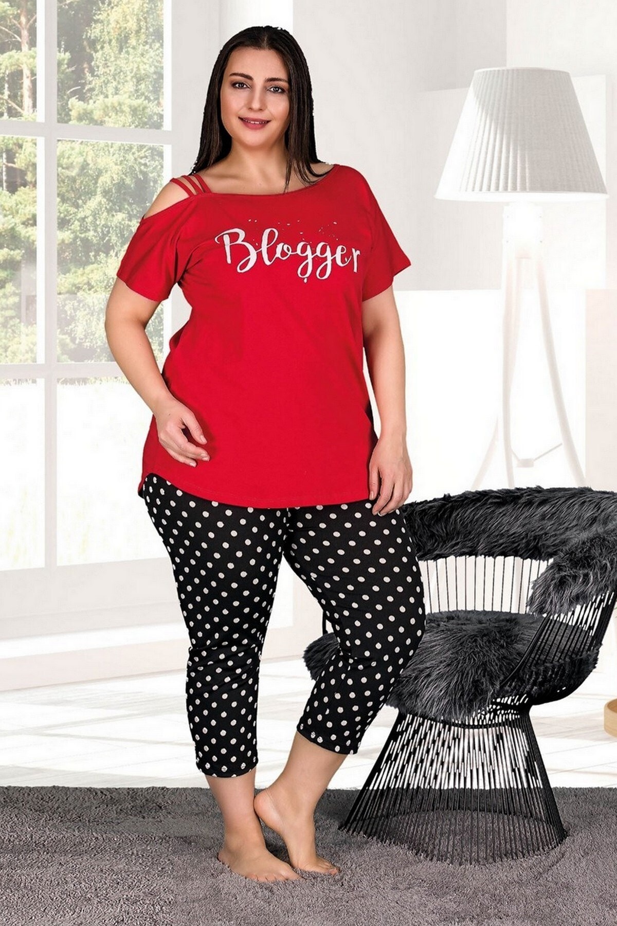 tarzimsuper Kadın Kırmızı Büyük Beden Kapri Puantiyeli Pijama Takımı