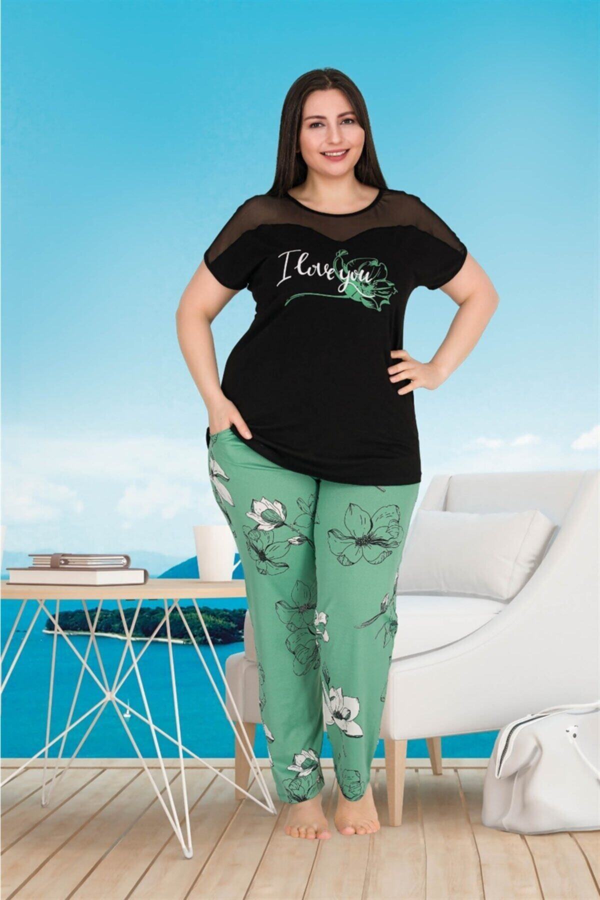 tarzimsuper Kadın Büyük Beden Yeşil Çiçek Desenli Pijama Takımı