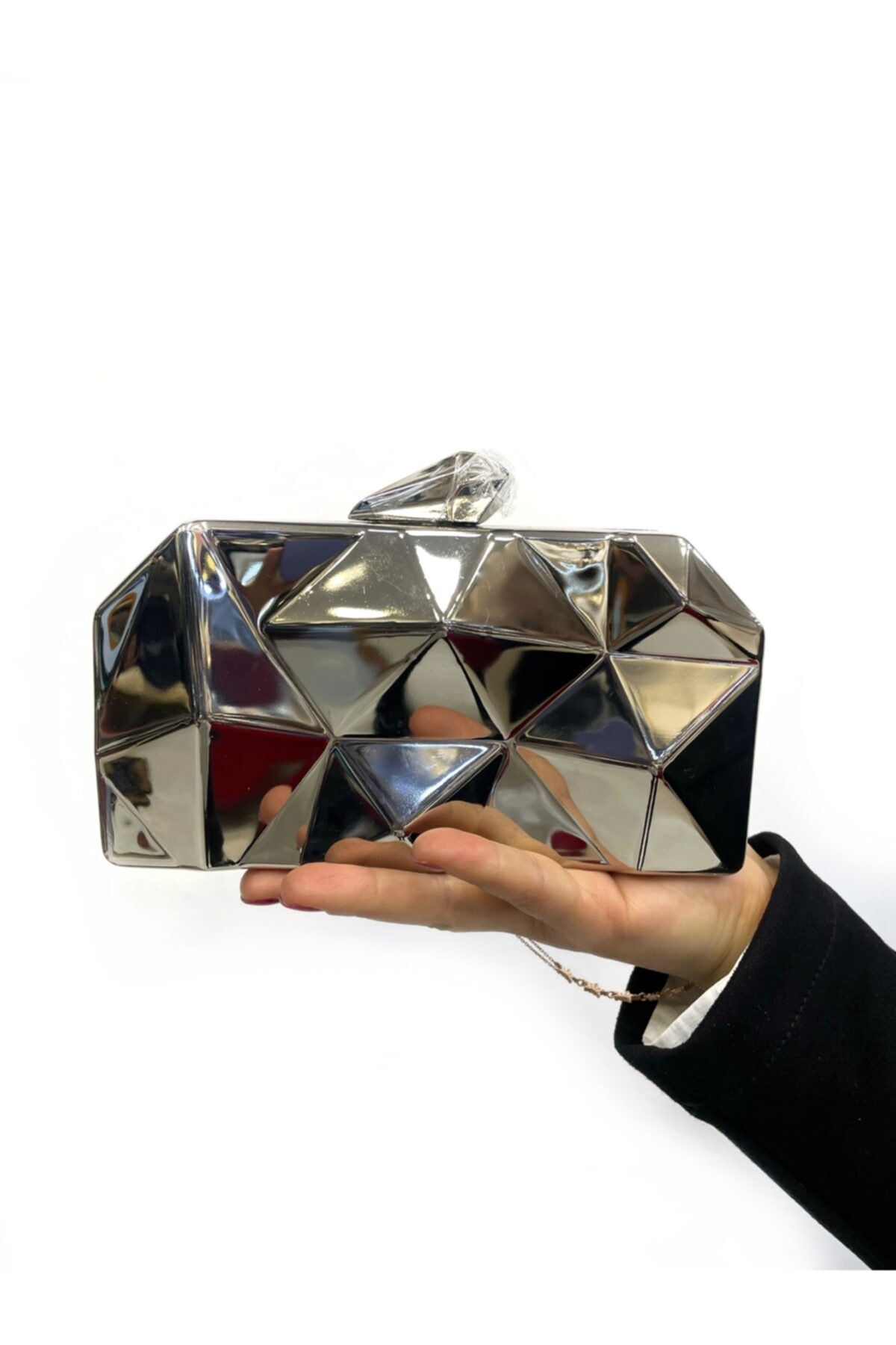 Busrabags Metal Gümüş Piramit Kadın Abiye Çanta