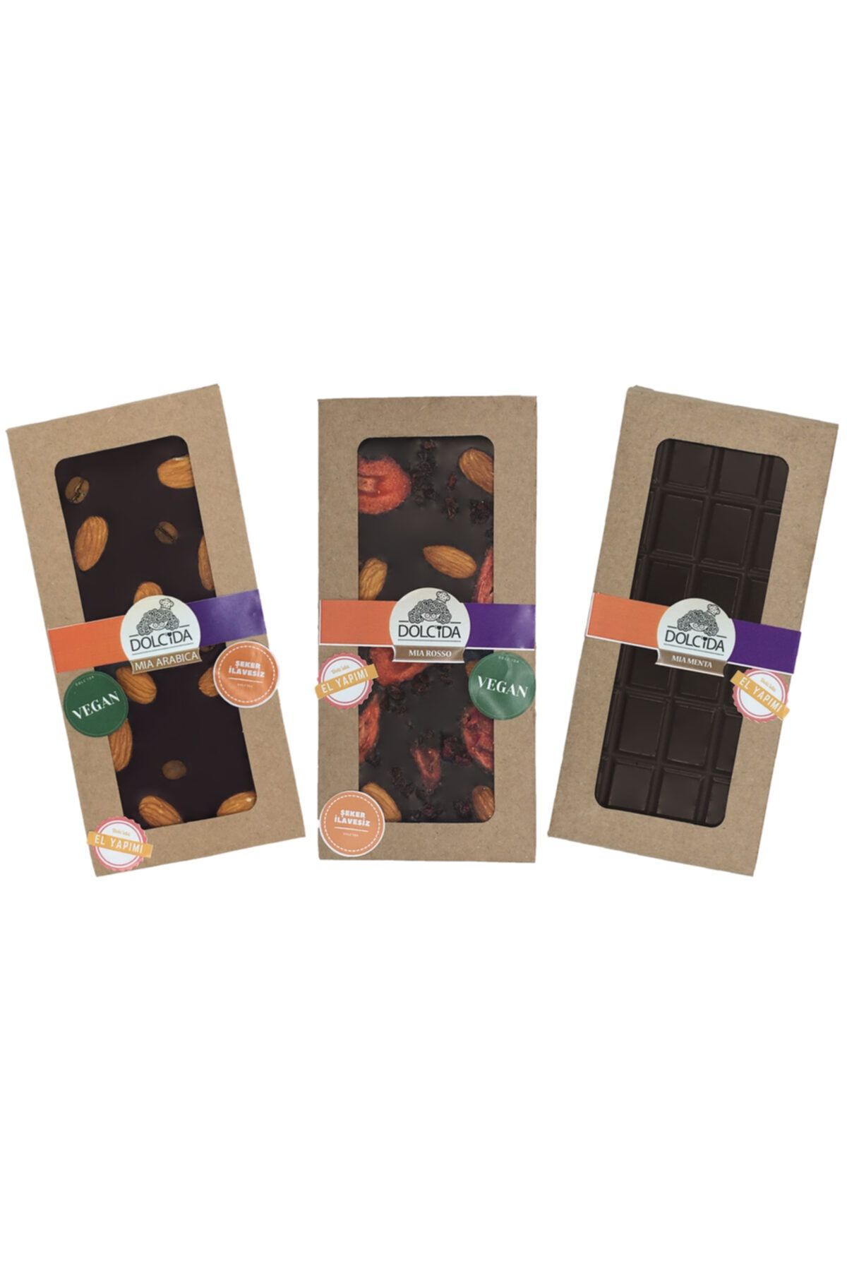 Dolc'ida 3'lü Masum Çikolata Serisi (Şekersiz Vegan Çikolata- 3*100gr Baton)