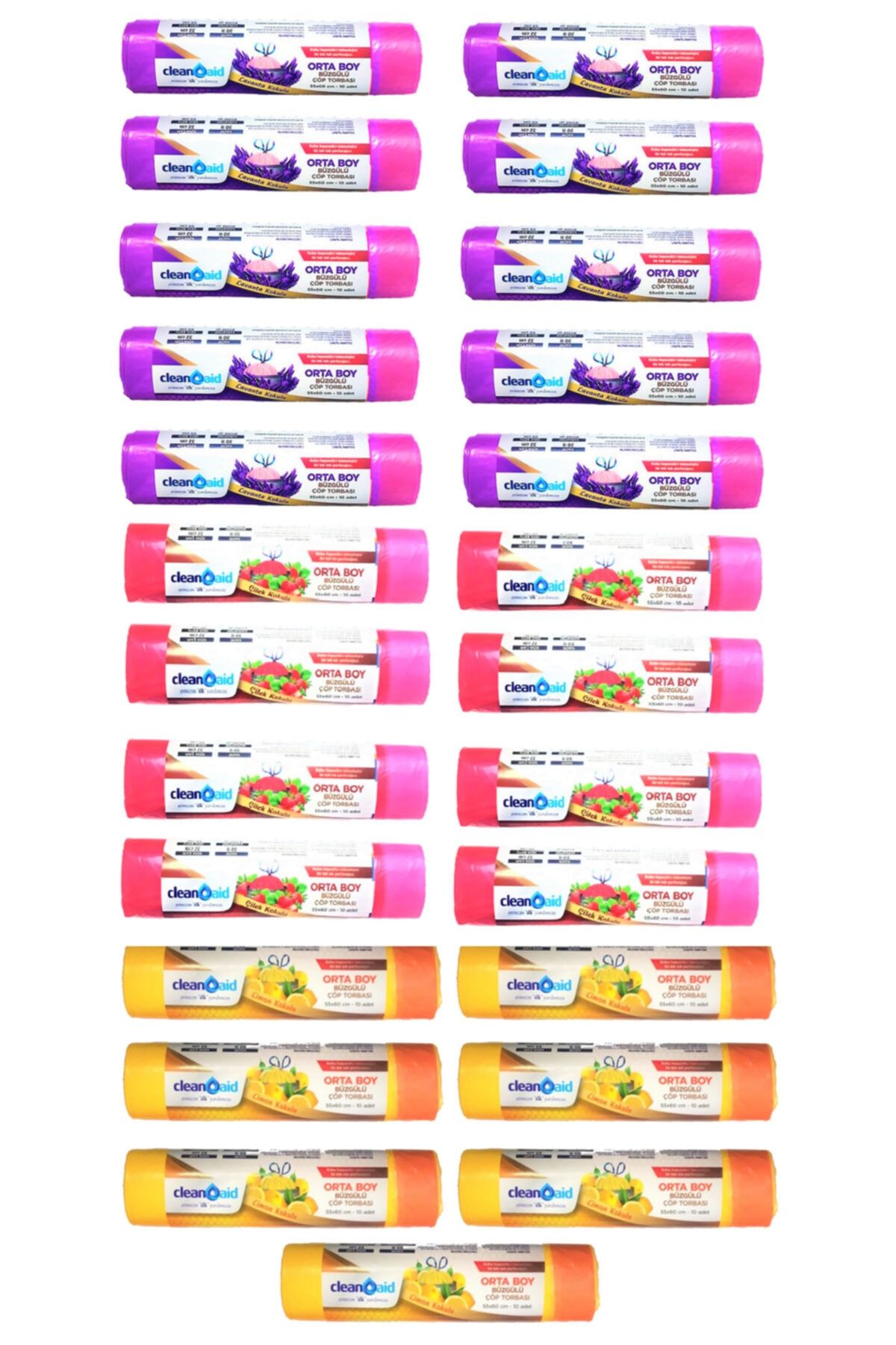 Clean Aid 25 X Büzgülü Karışık Kokulu Orta Boy Çöp Torbası / Poşeti 250 Adet 55 X 60 Cm Çek Al Rulo