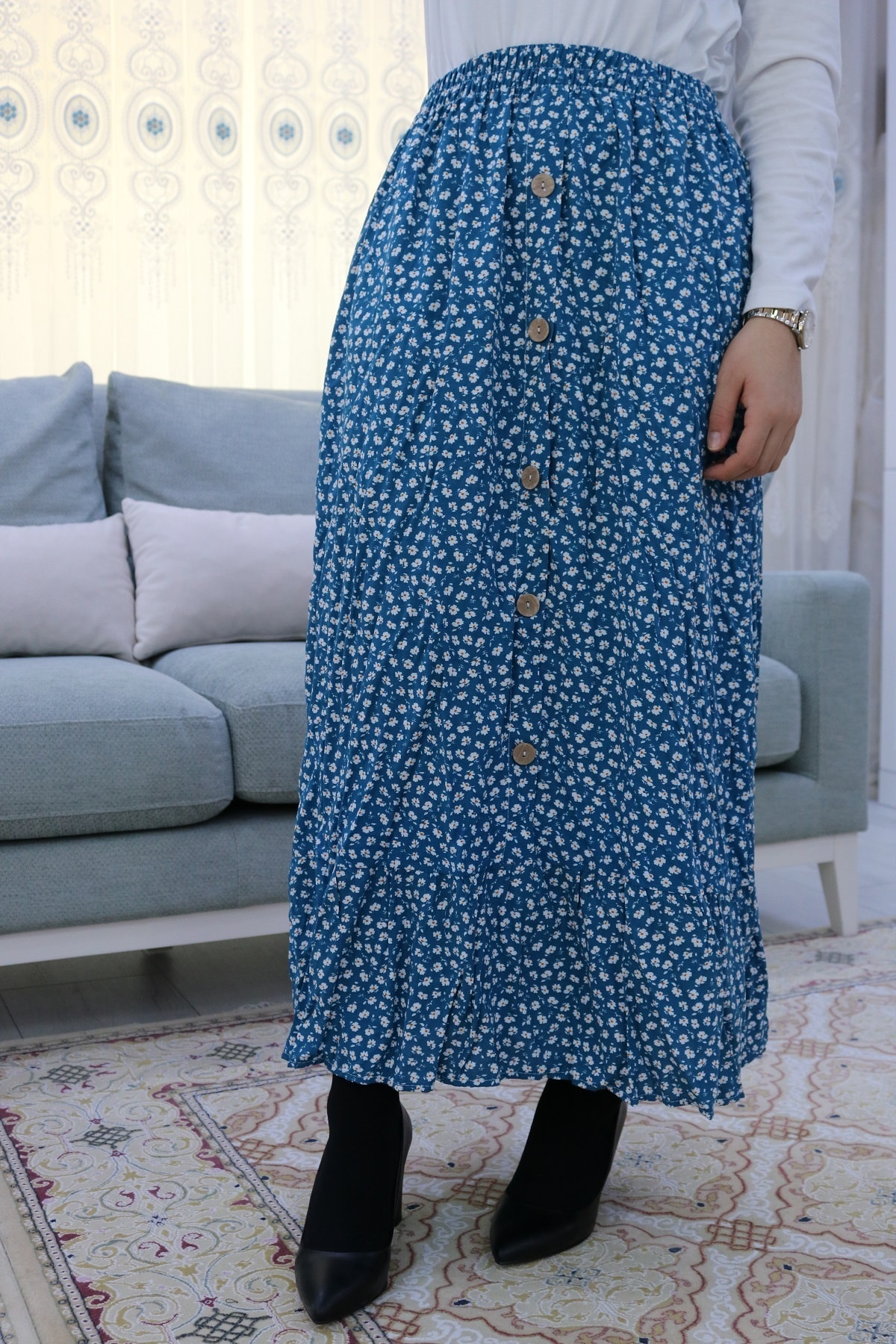 Sezici Giyim Kadın Mavi Düğme Detaylı Maxi Boy Viskon Etek