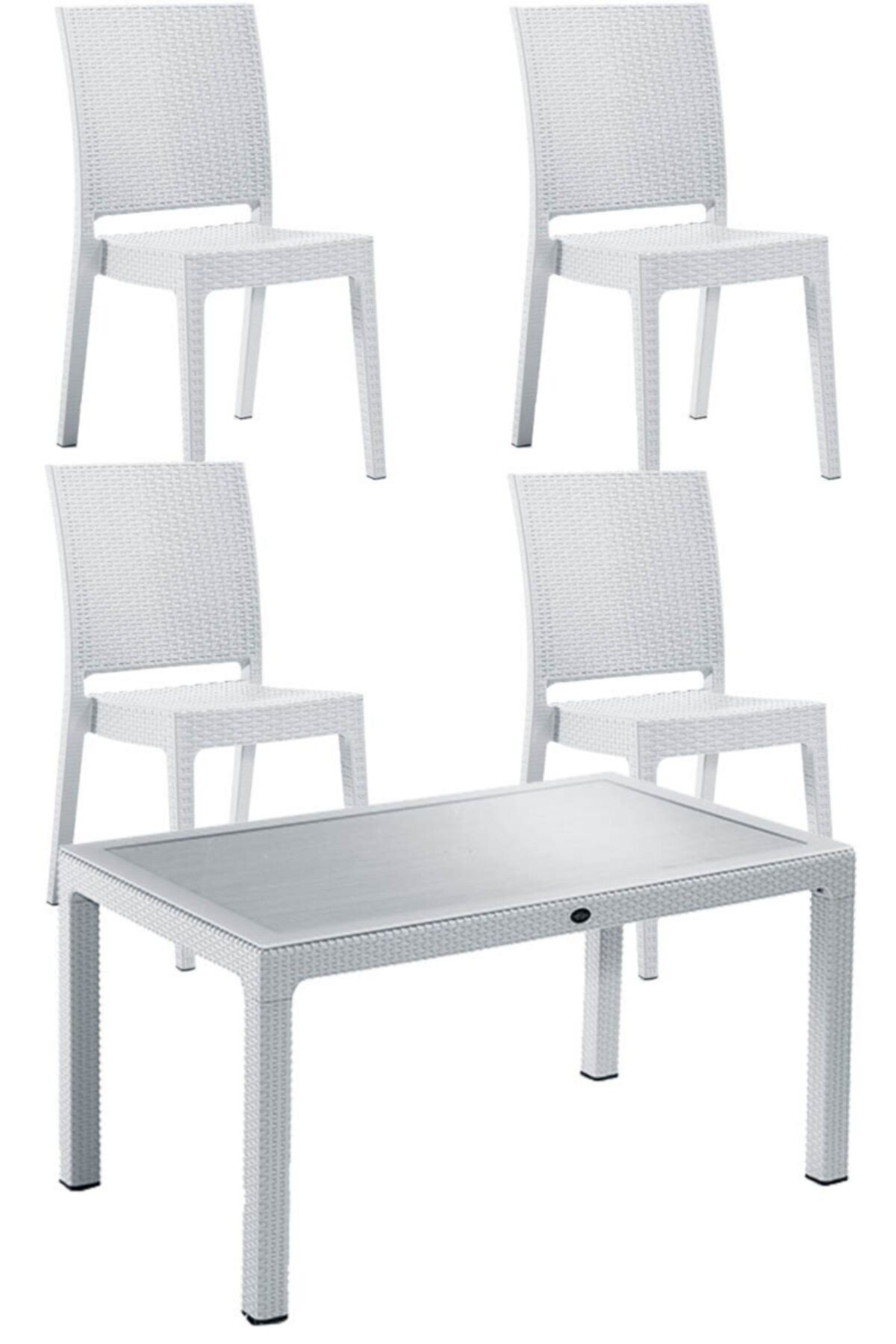 Yekta Home Beyaz Novussi Pisa 4 Kişilik Sandalye ve Nice Koltuk Camlı Masa 90*150 cm Bahçe Balkon Seti