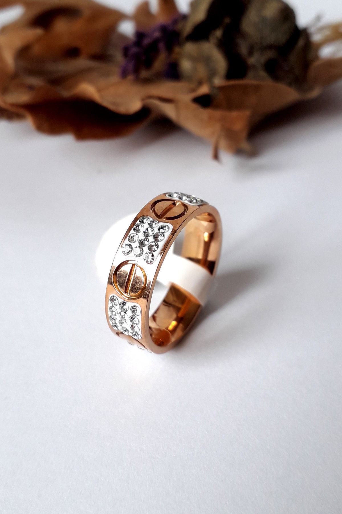 Bin1Gecem Takı Zirkon Taşlı Paslanmaz Çelik Bayan Cartier Yüzük