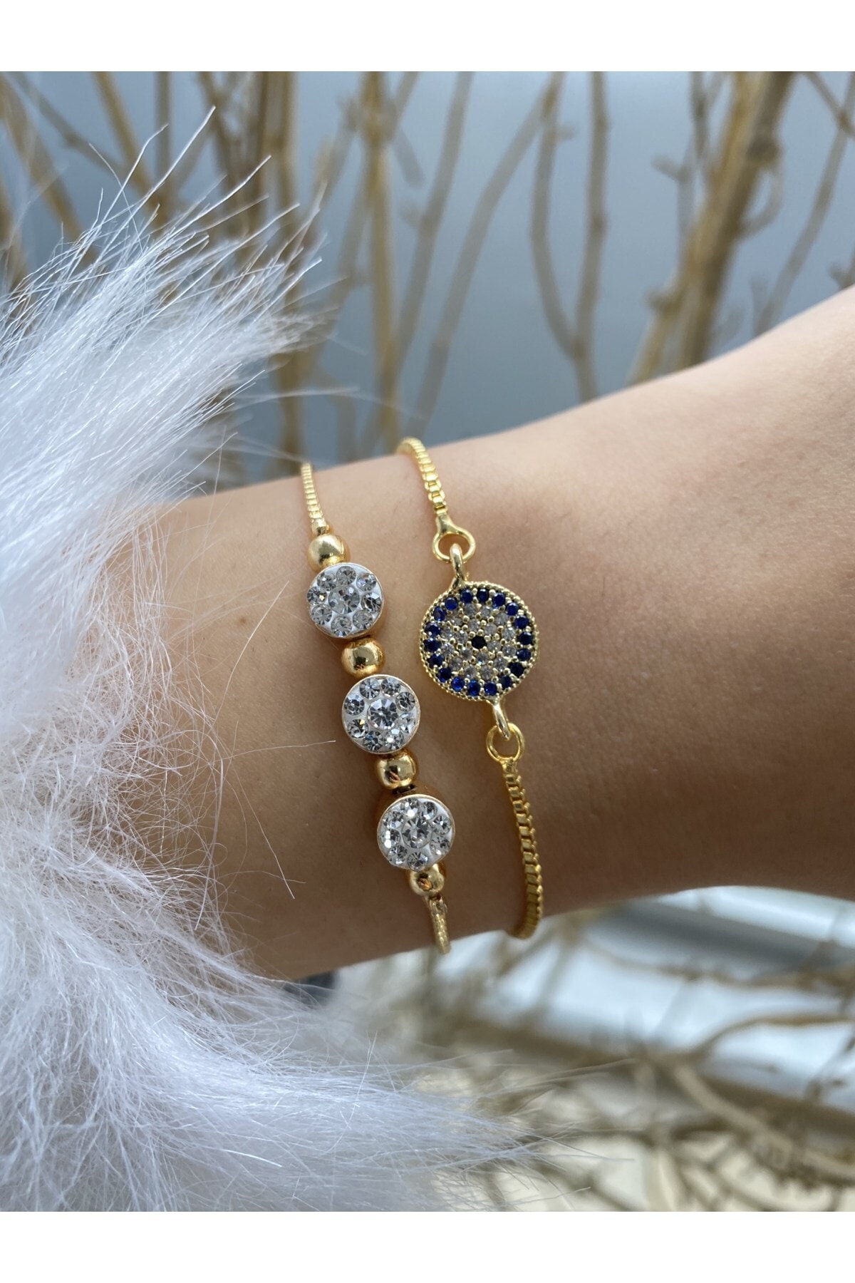 jackferrero Kadın Gold Renk Kombin Bileklik Seti Renk Atmaz Altın Kaplama Zirkon Taş 2'li